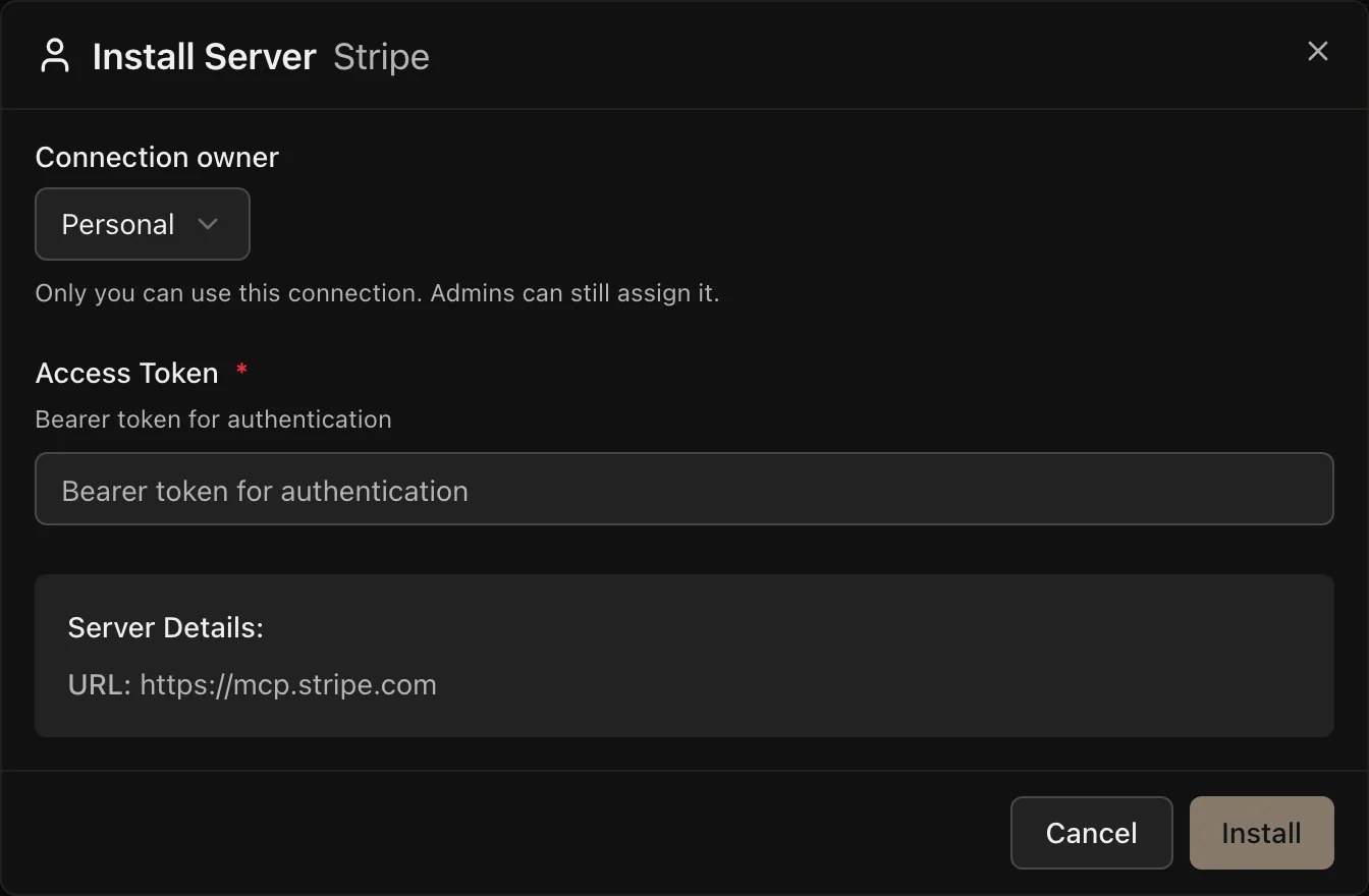 The Install Server dialog with Personal selected and an Access Token field