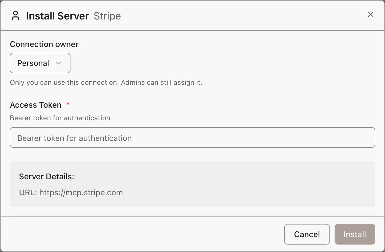 The Install Server dialog with Personal selected and an Access Token field