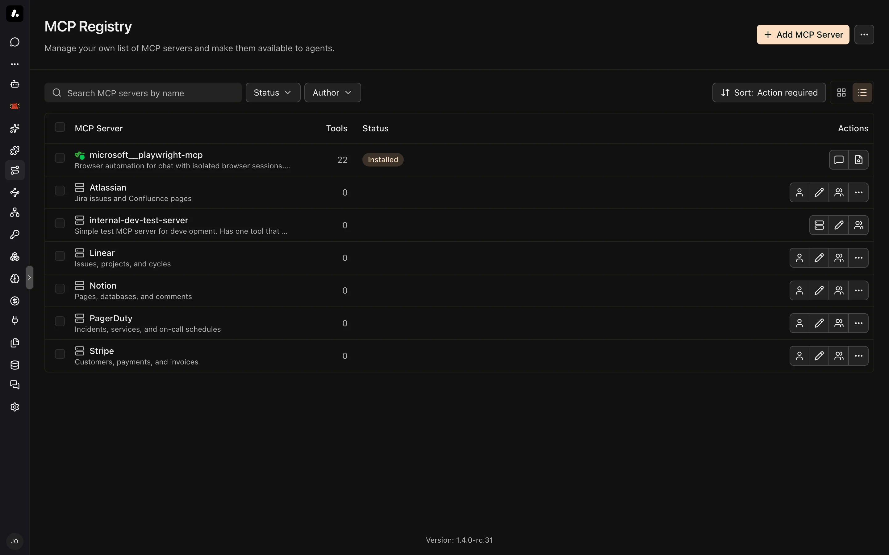 The MCP Registry listing servers and their connection status