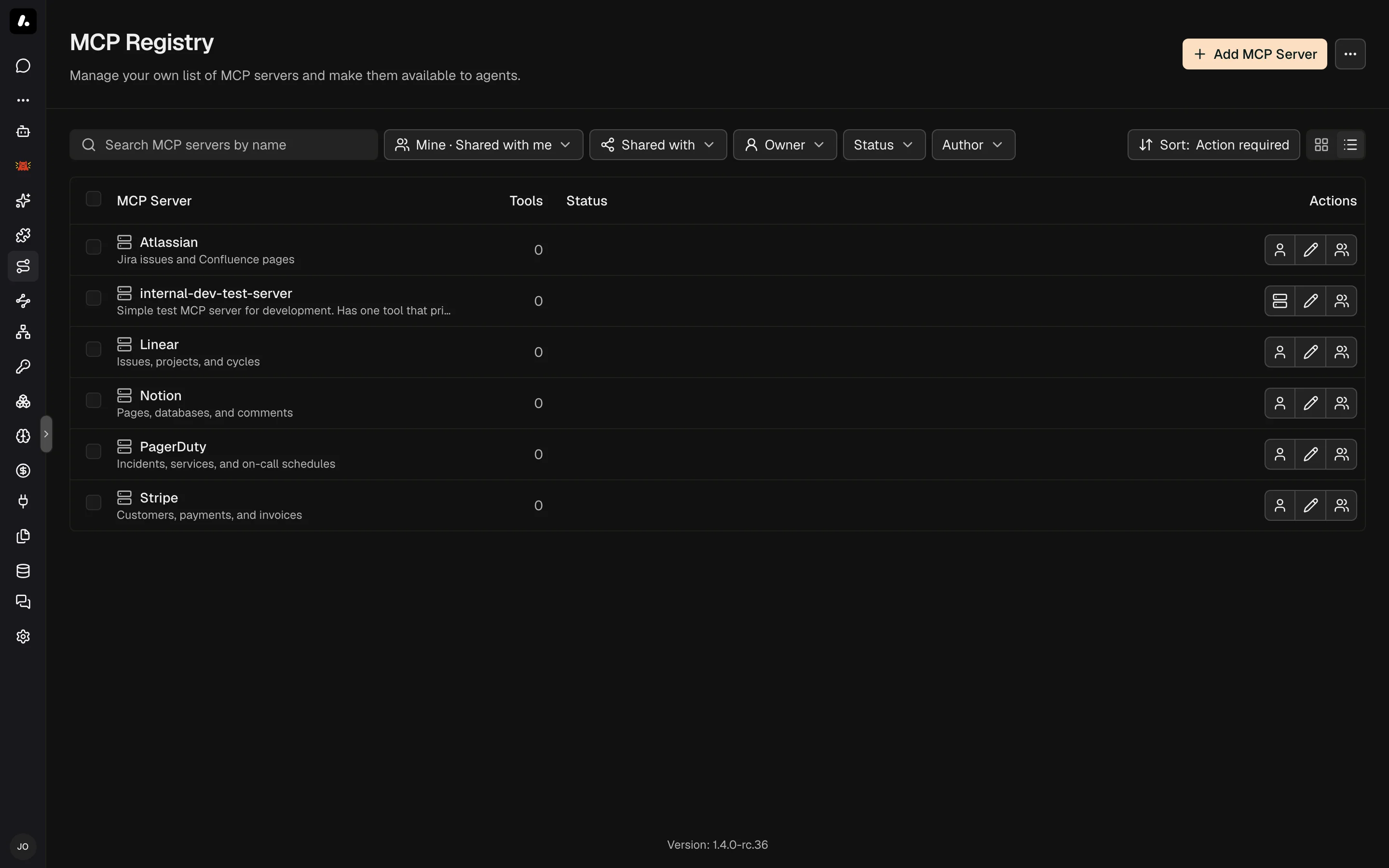 The MCP Registry listing servers and their connection status