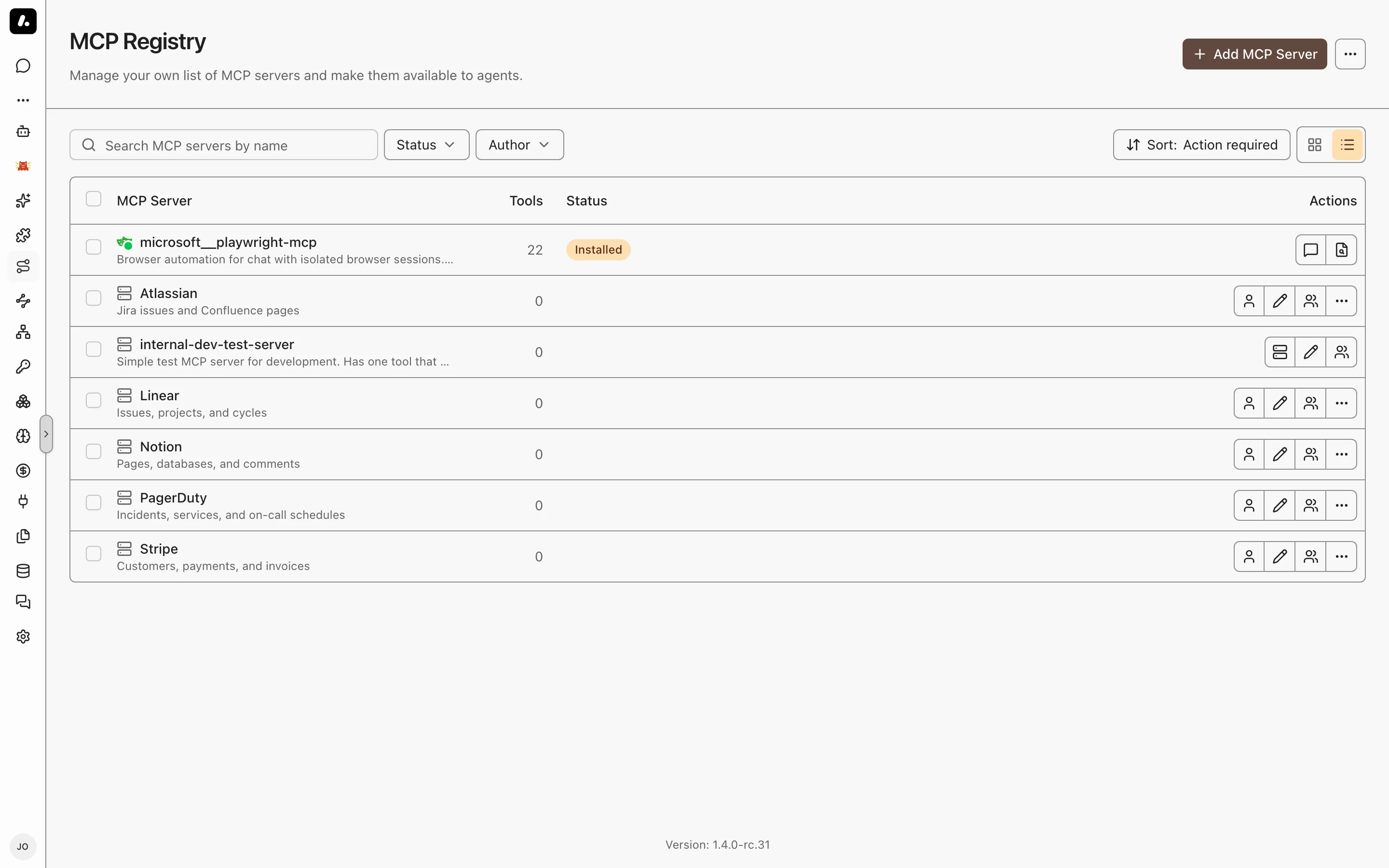 The MCP Registry listing servers and their connection status