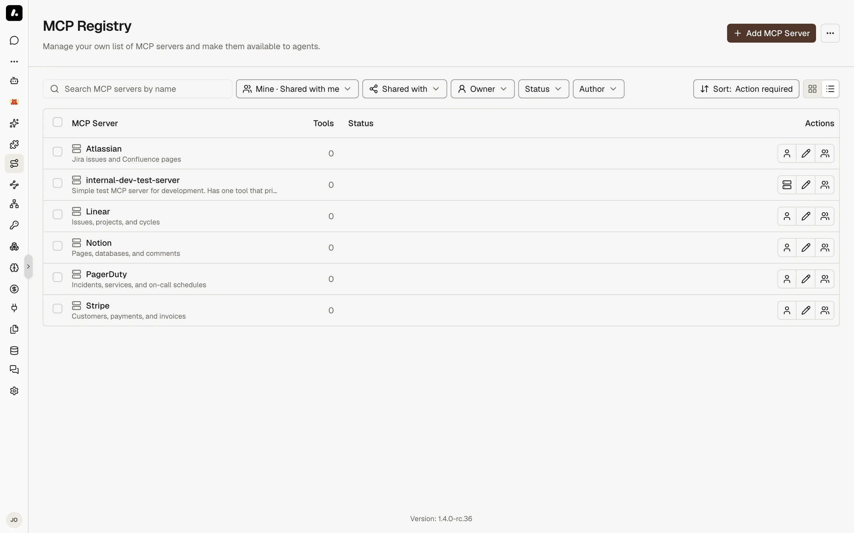 The MCP Registry listing servers and their connection status