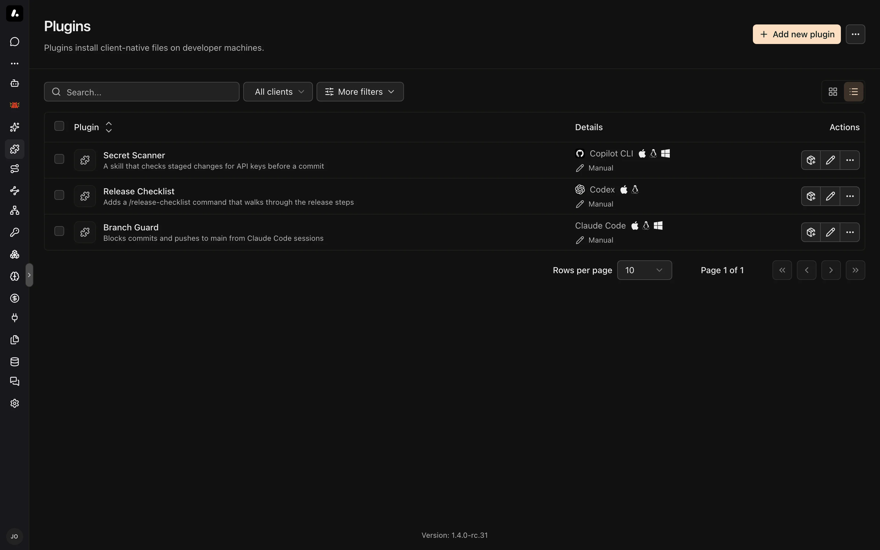 The Plugins catalog with GitHub sources, sync state, supported clients, and visibility
