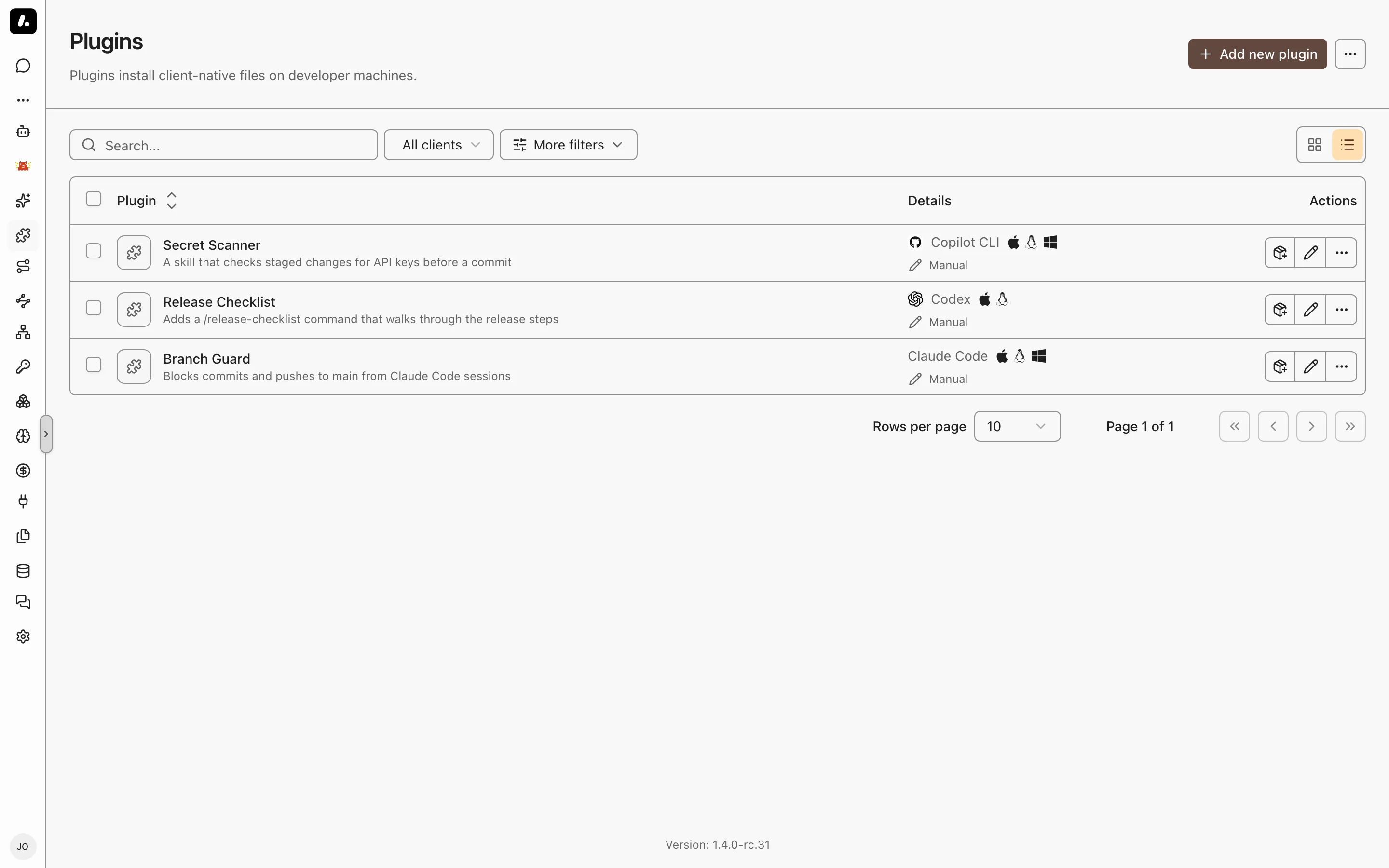 The Plugins catalog with GitHub sources, sync state, supported clients, and visibility