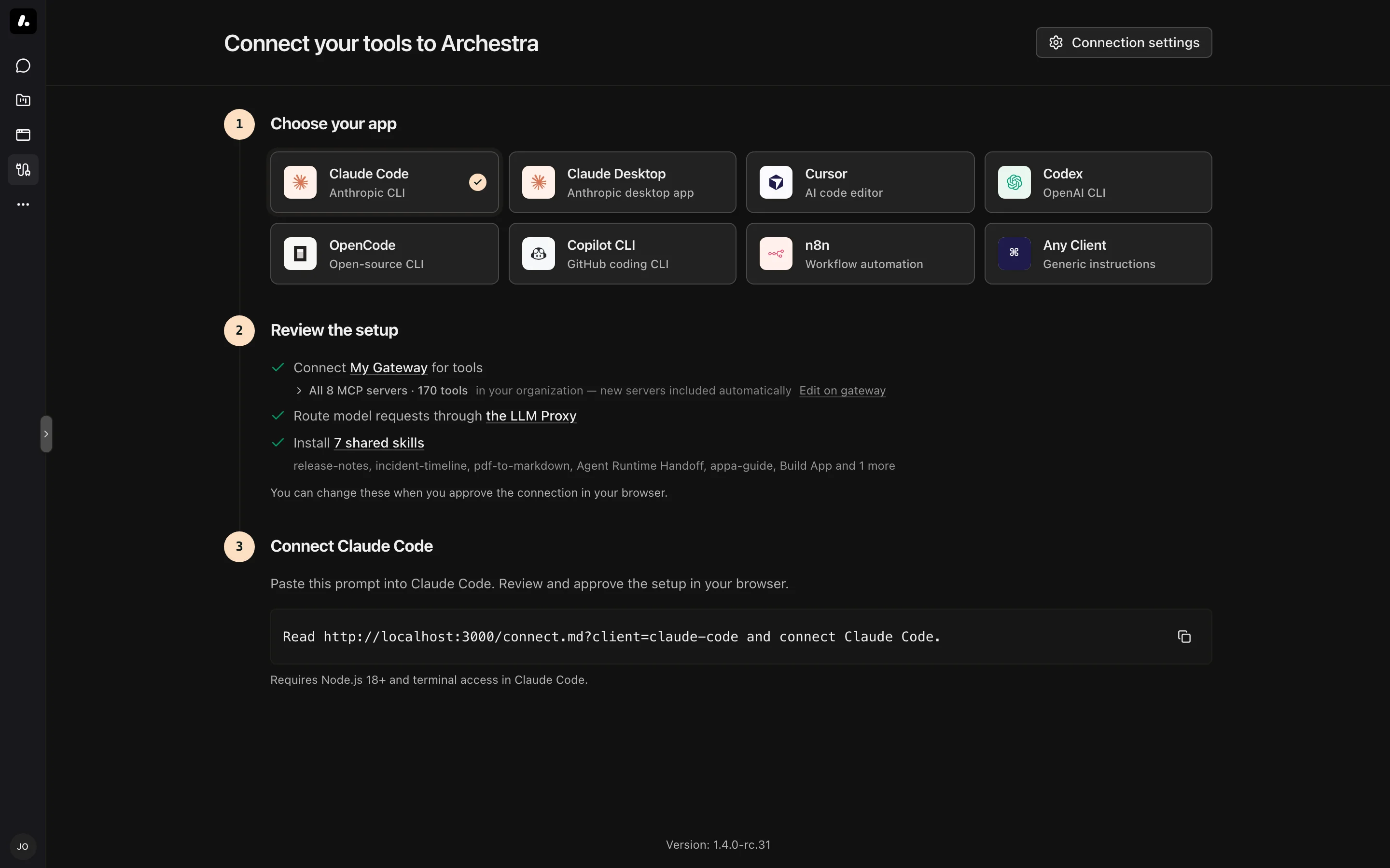 The Connect page with Claude Code selected and the Review the setup step listing the shared skills to install