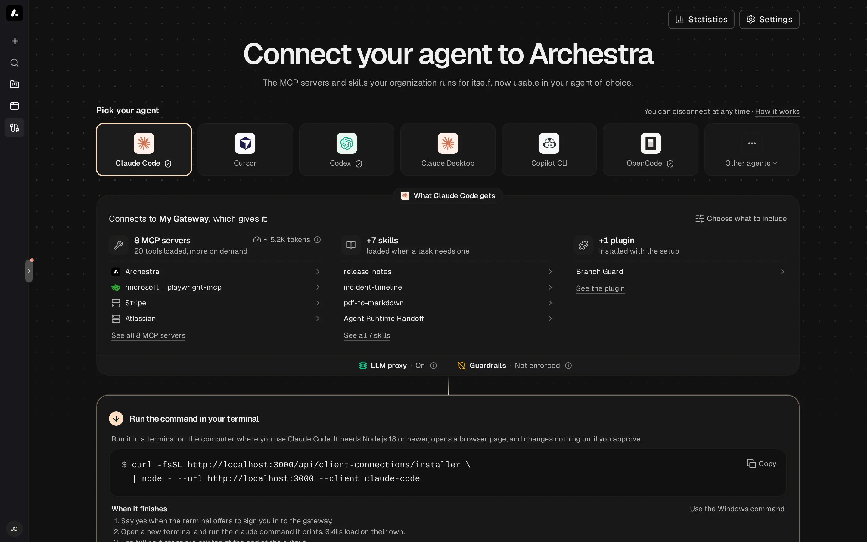 The Connect page with Claude Code selected and its card listing the shared skills to install