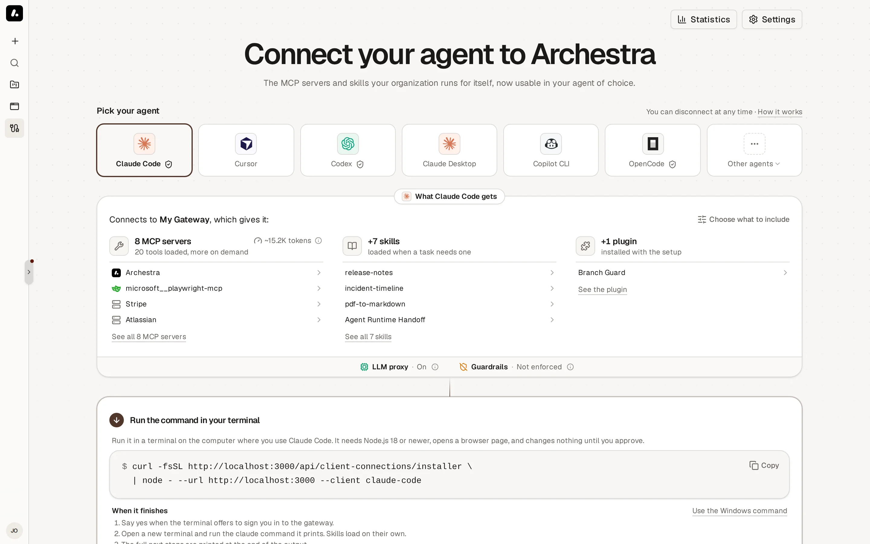 The Connect page with Claude Code selected and its card listing the shared skills to install