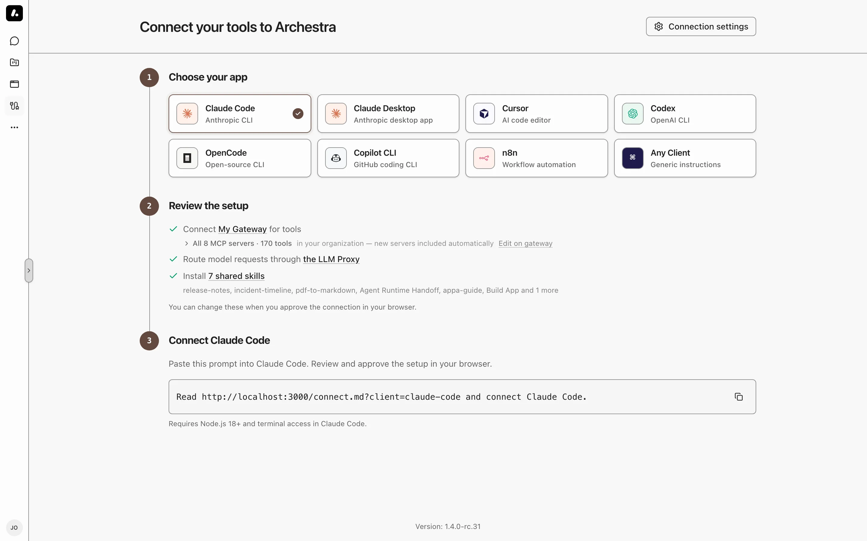 The Connect page with Claude Code selected and the Review the setup step listing the shared skills to install