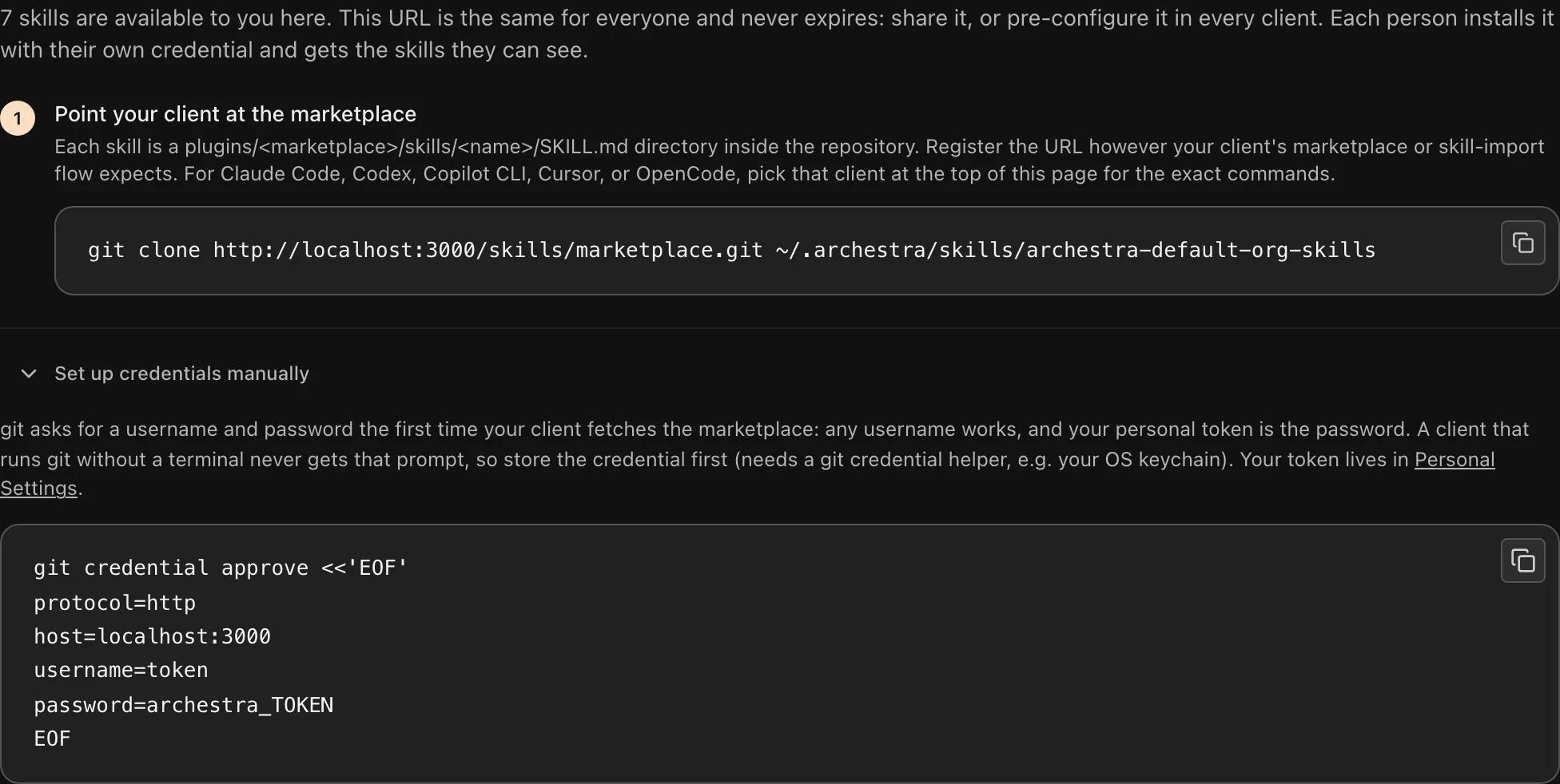The Install shared skills step for Any Client, with the marketplace URL and the manual credential command
