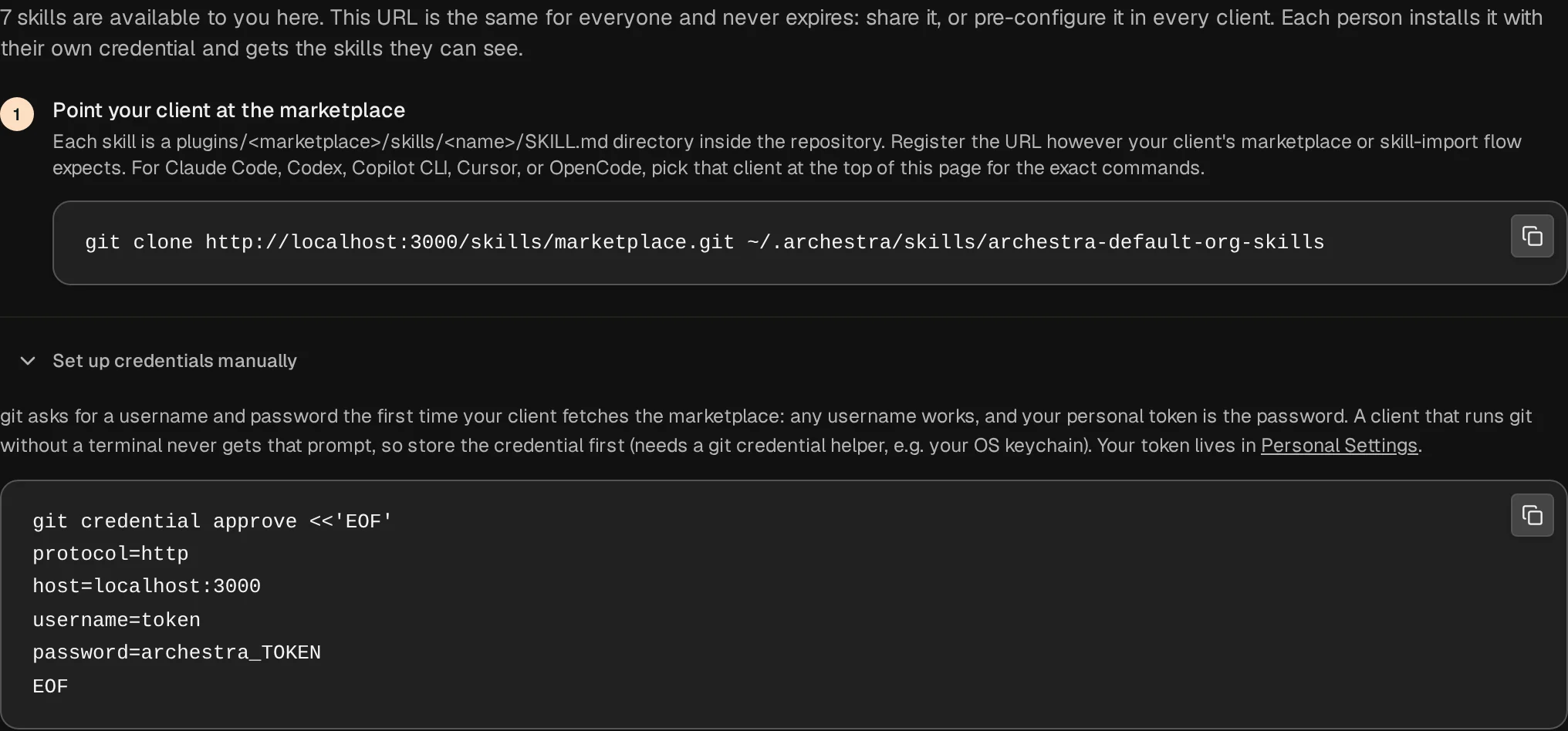 The Install shared skills step for Any Client, with the marketplace URL and the manual credential command