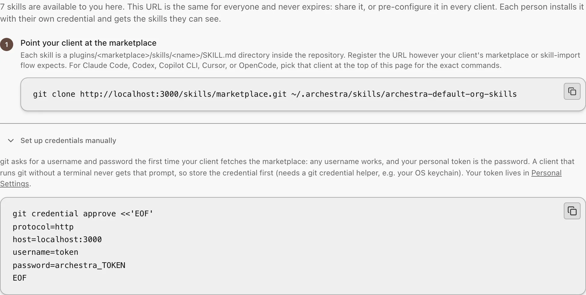 The Install shared skills step for Any Client, with the marketplace URL and the manual credential command