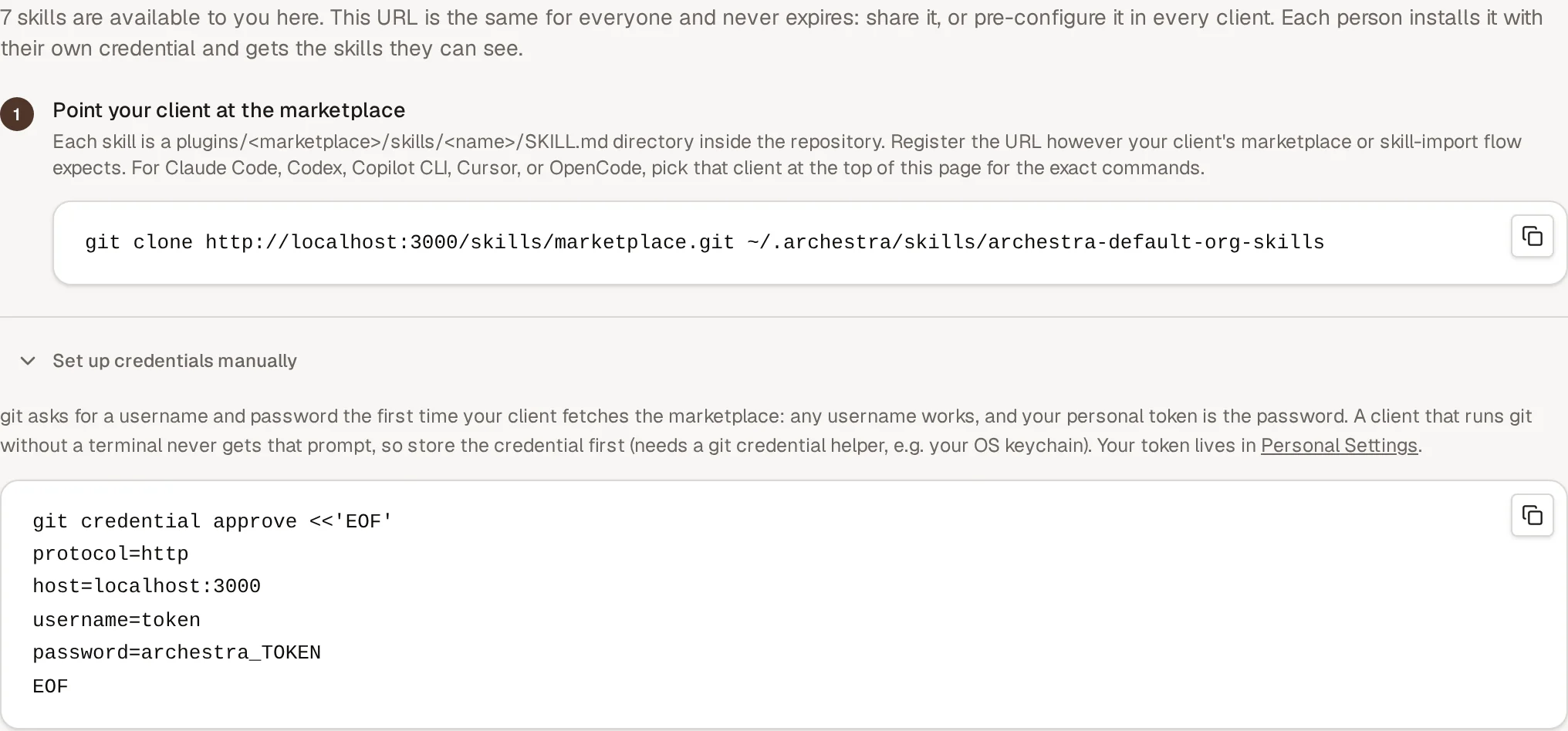 The Install shared skills step for Any Client, with the marketplace URL and the manual credential command