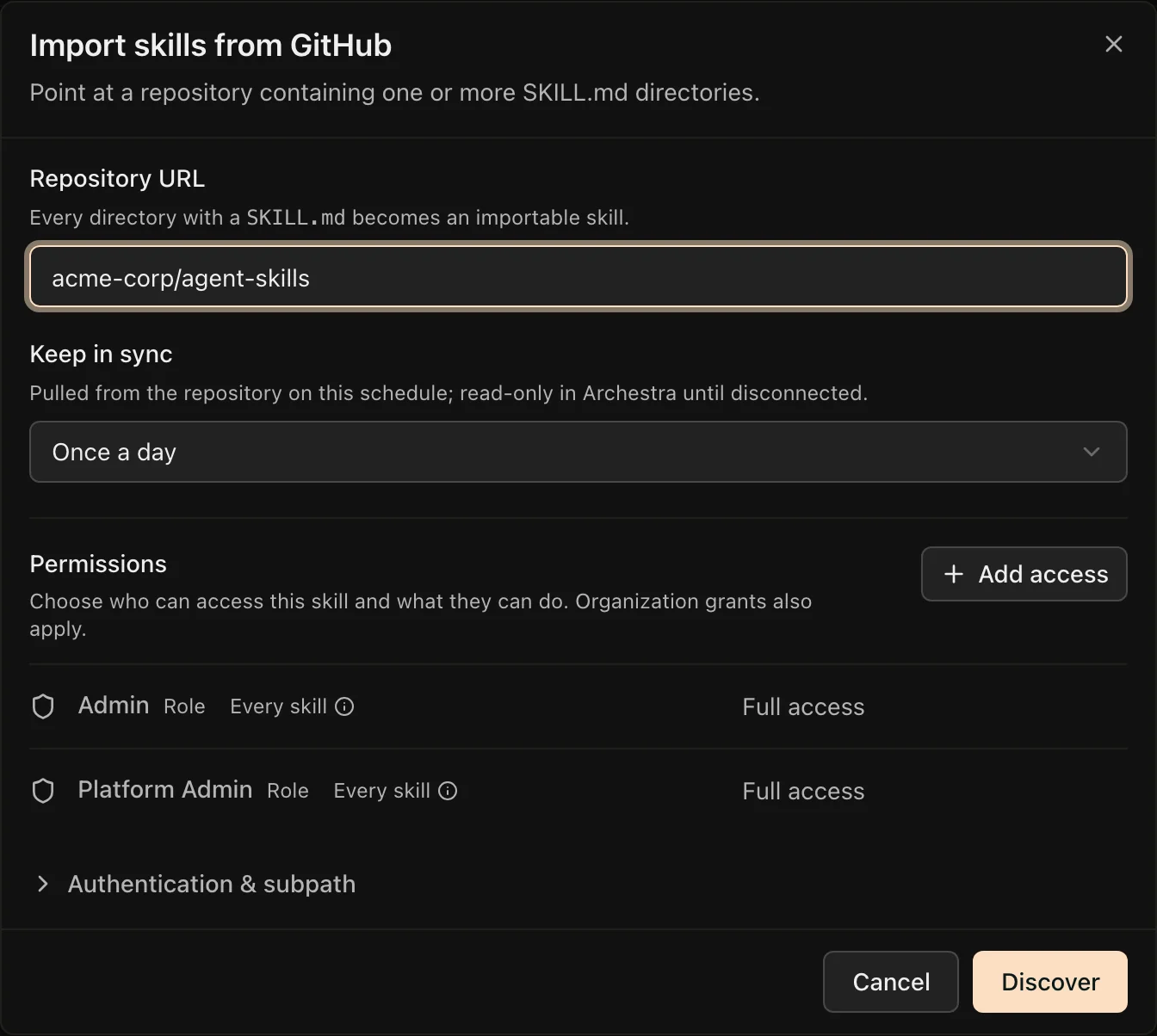 The Import skills from GitHub dialog with a repository URL, the Keep in sync schedule, and the permissions for the imported skills