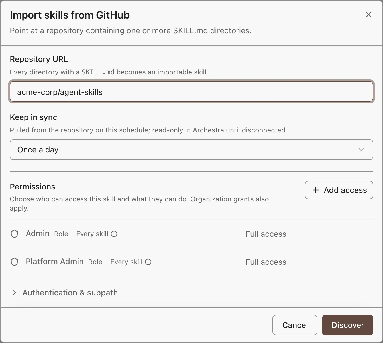 The Import skills from GitHub dialog with a repository URL, the Keep in sync schedule, and the permissions for the imported skills