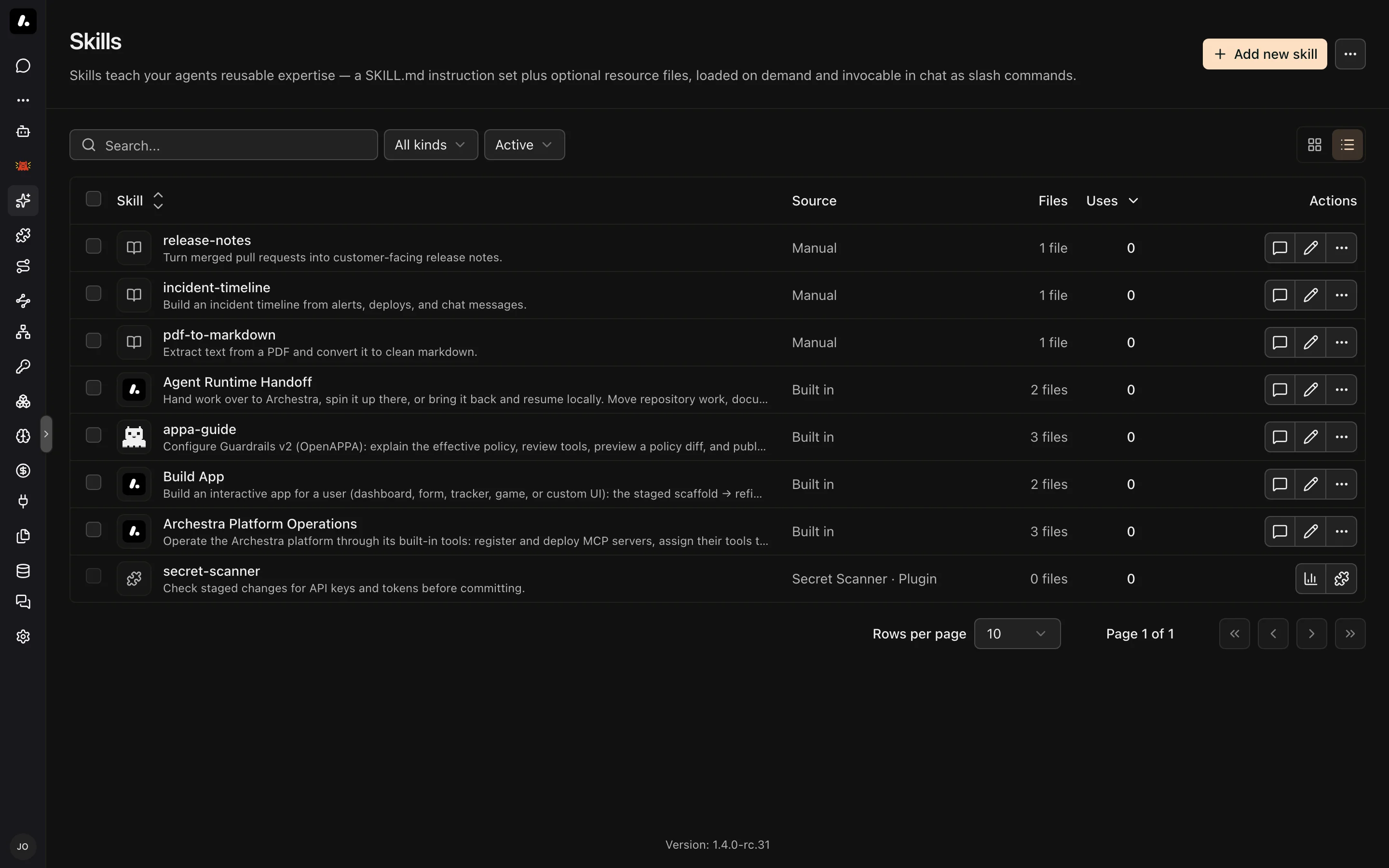 The Skills page open under the Studio tab of the sidebar, listing the organization's skills