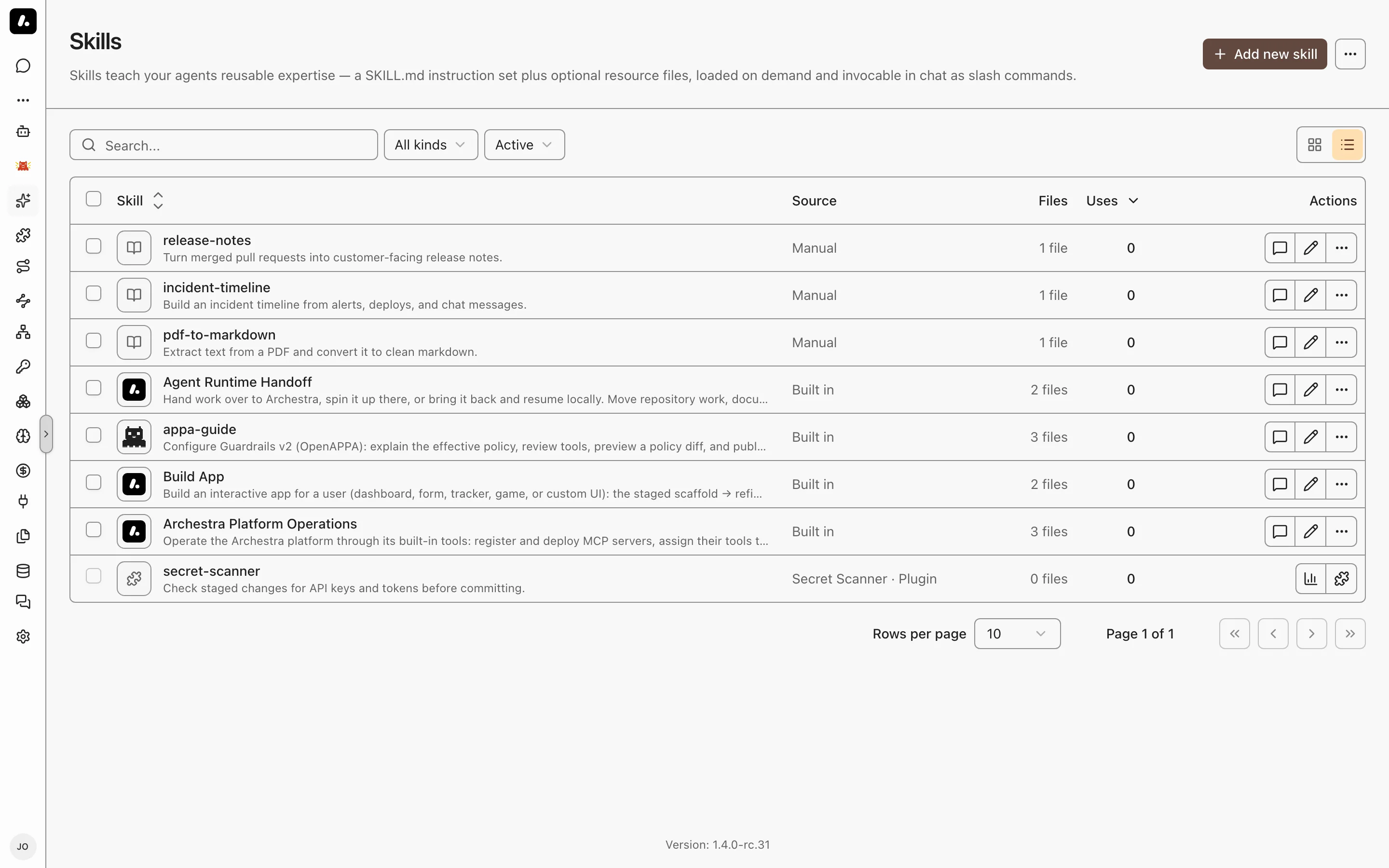 The Skills page open under the Studio tab of the sidebar, listing the organization's skills