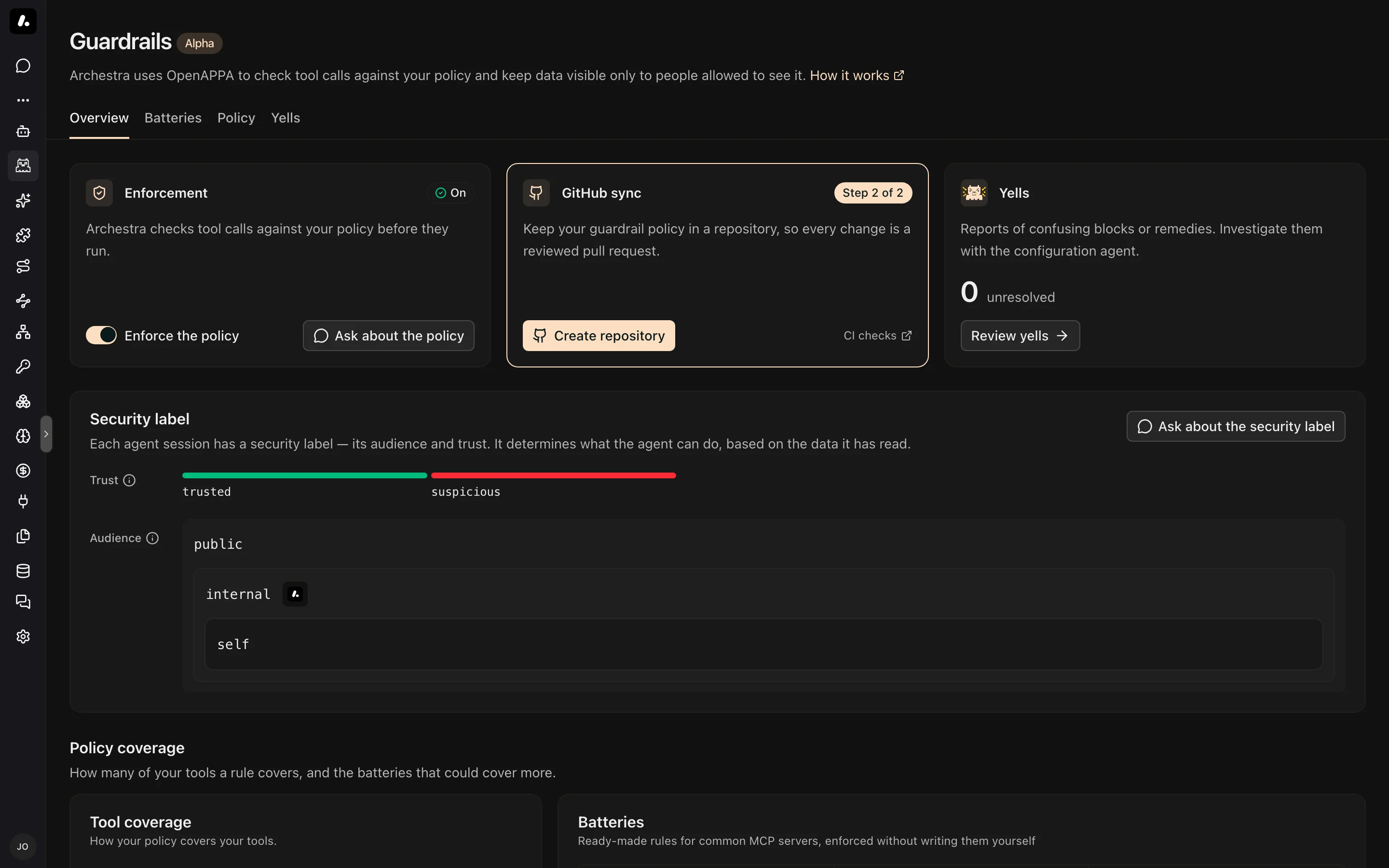 The Guardrails Overview tab with the enforcement, GitHub sync, and yells cards above the policy coverage charts