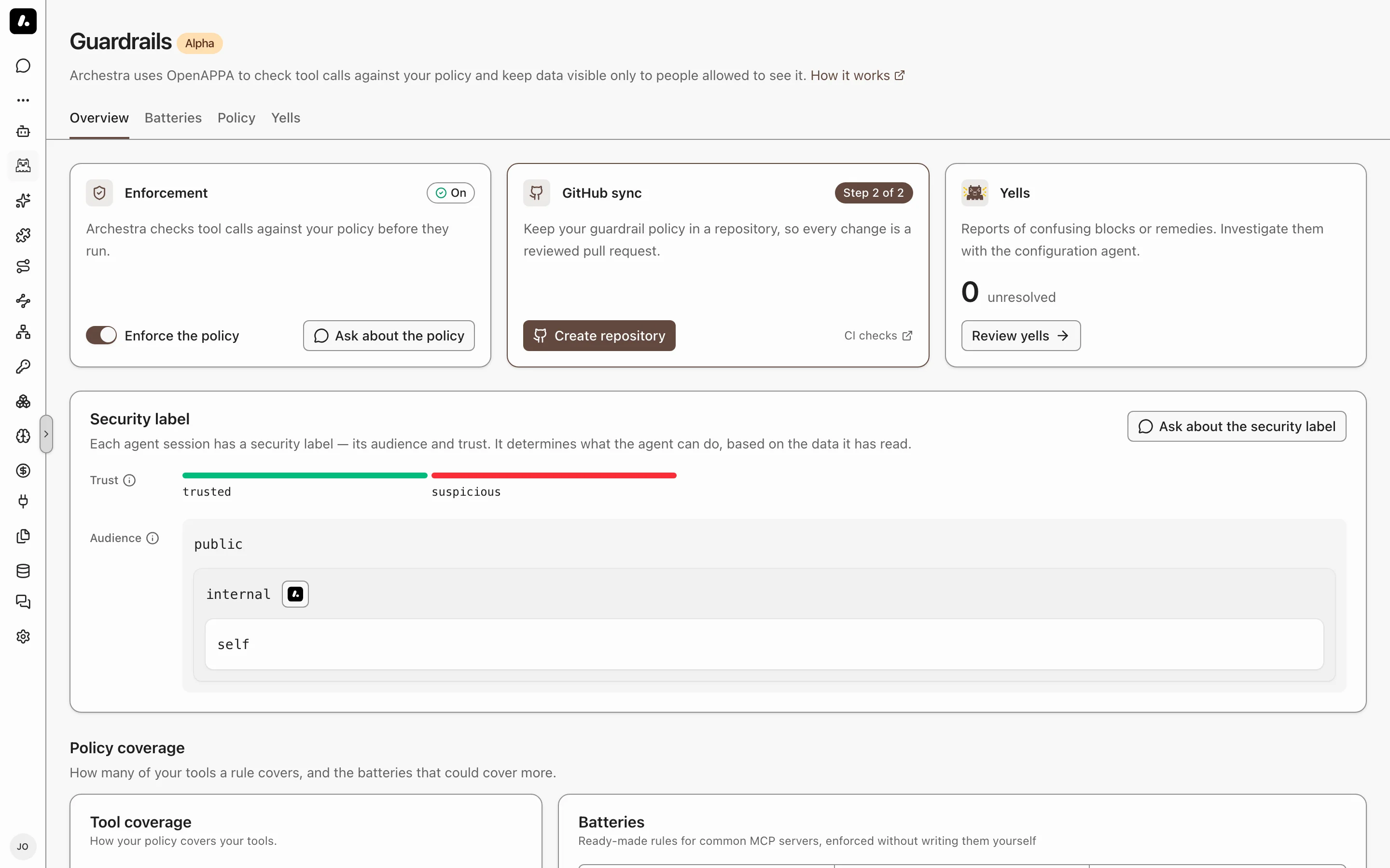 The Guardrails Overview tab with the enforcement, GitHub sync, and yells cards above the policy coverage charts