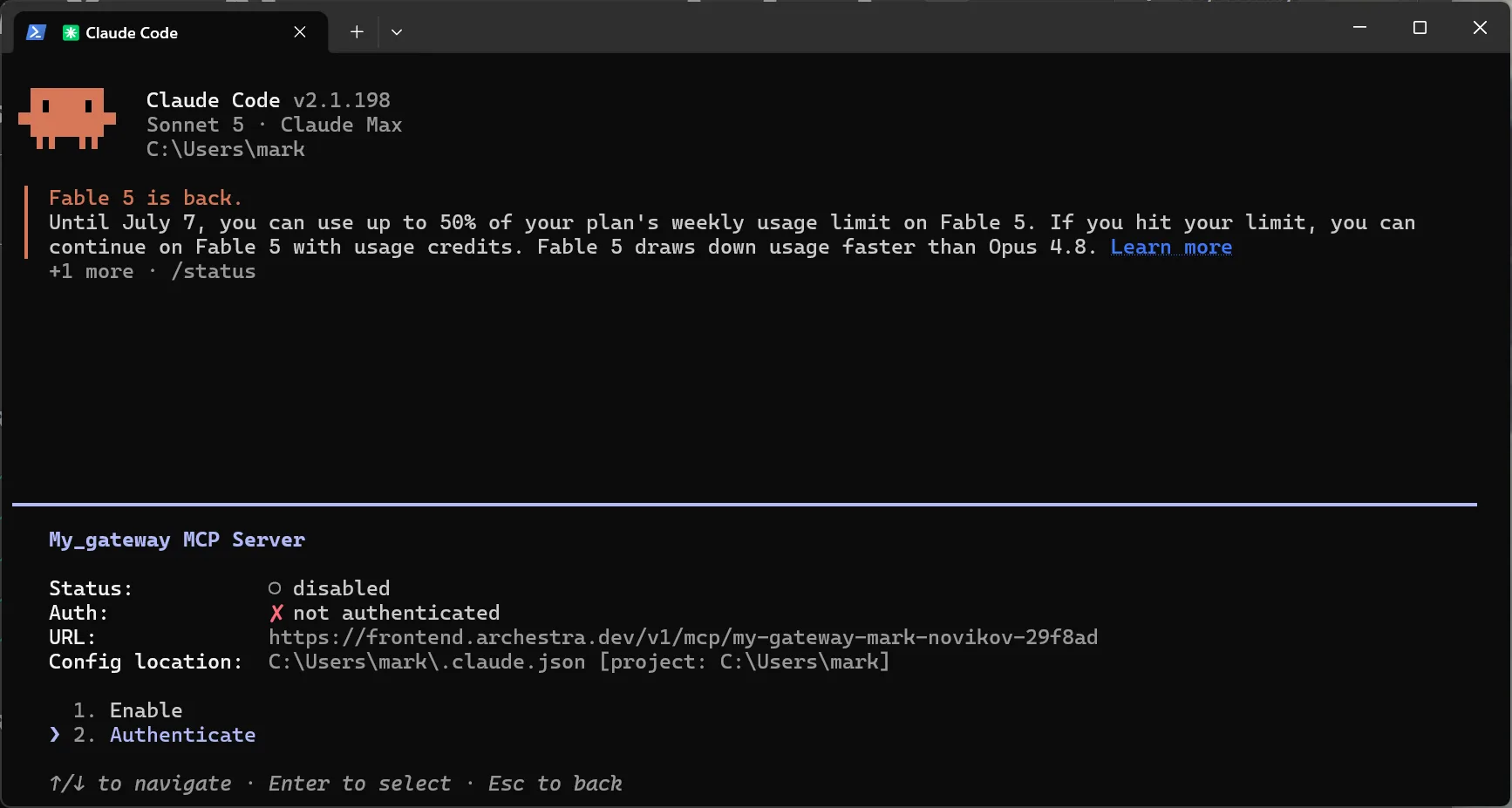Choosing Authenticate for the gateway