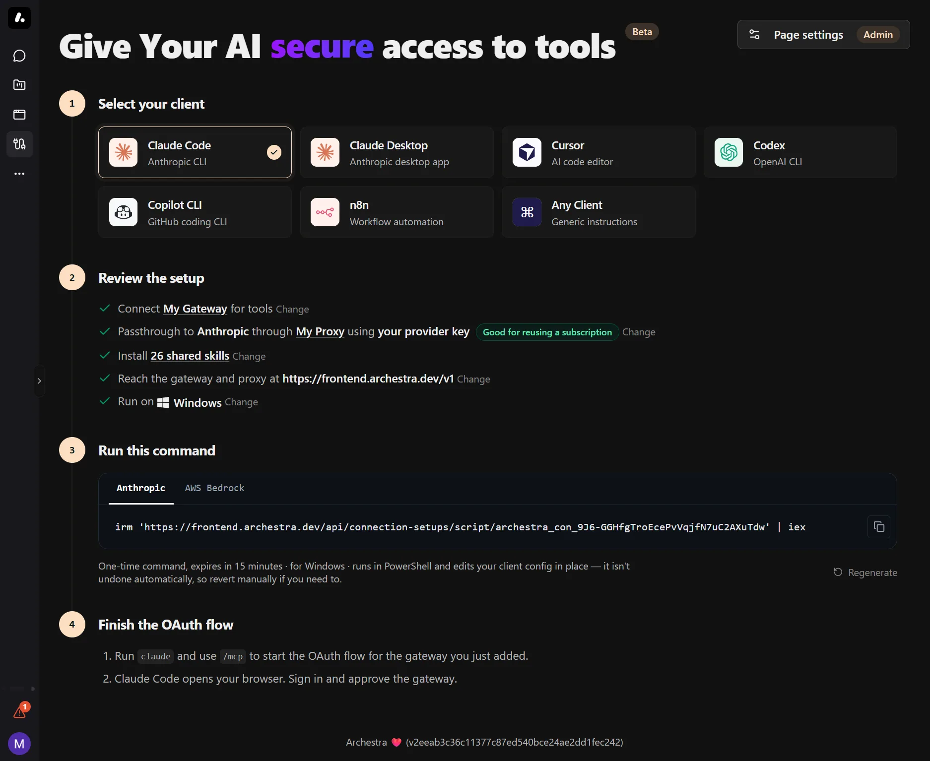 The Connect page with Claude Code selected, showing the passthrough setup and the one-time command