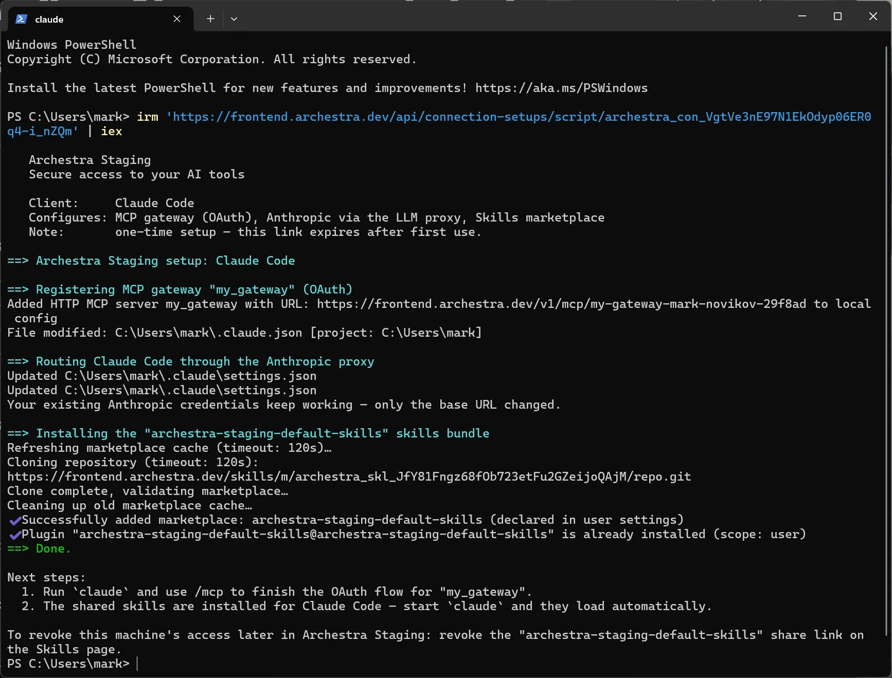 The setup script output after a successful run