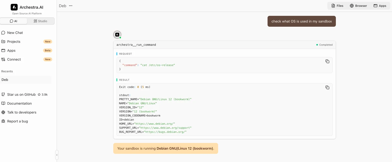 A chat where the agent runs a shell command in the sandbox with run_command and reports the result