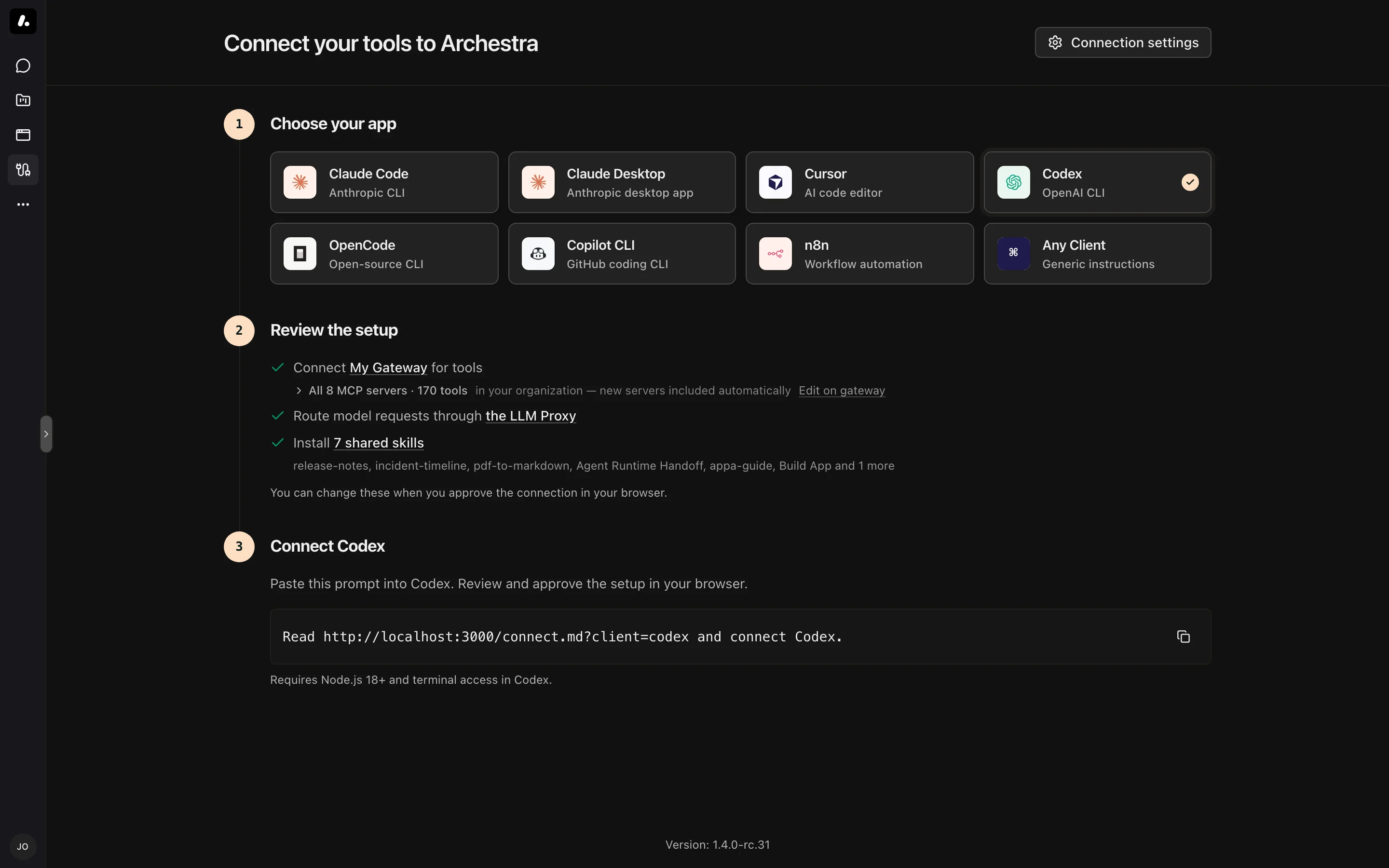 Connect with Codex selected and its setup prompt