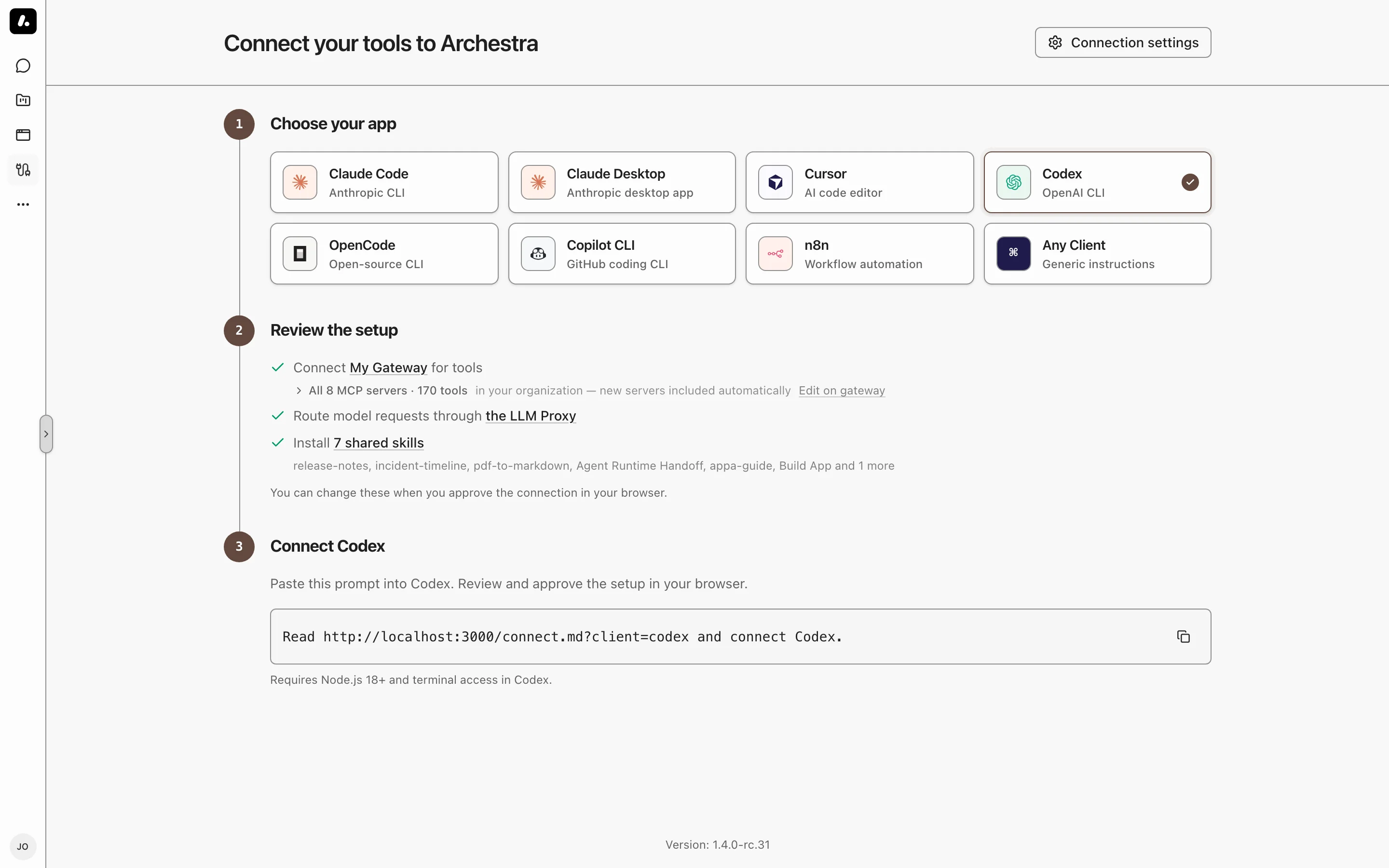 Connect with Codex selected and its setup prompt