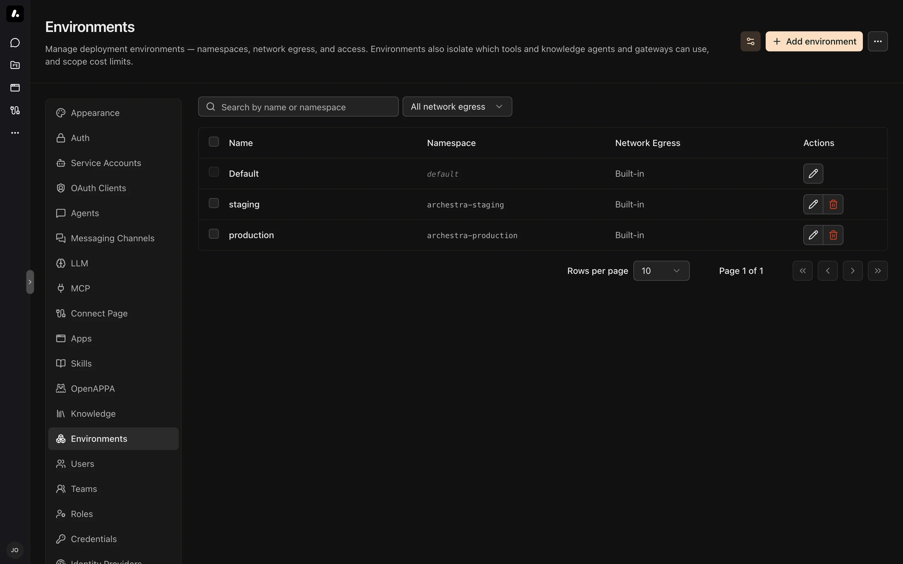 Deployment environments in Settings