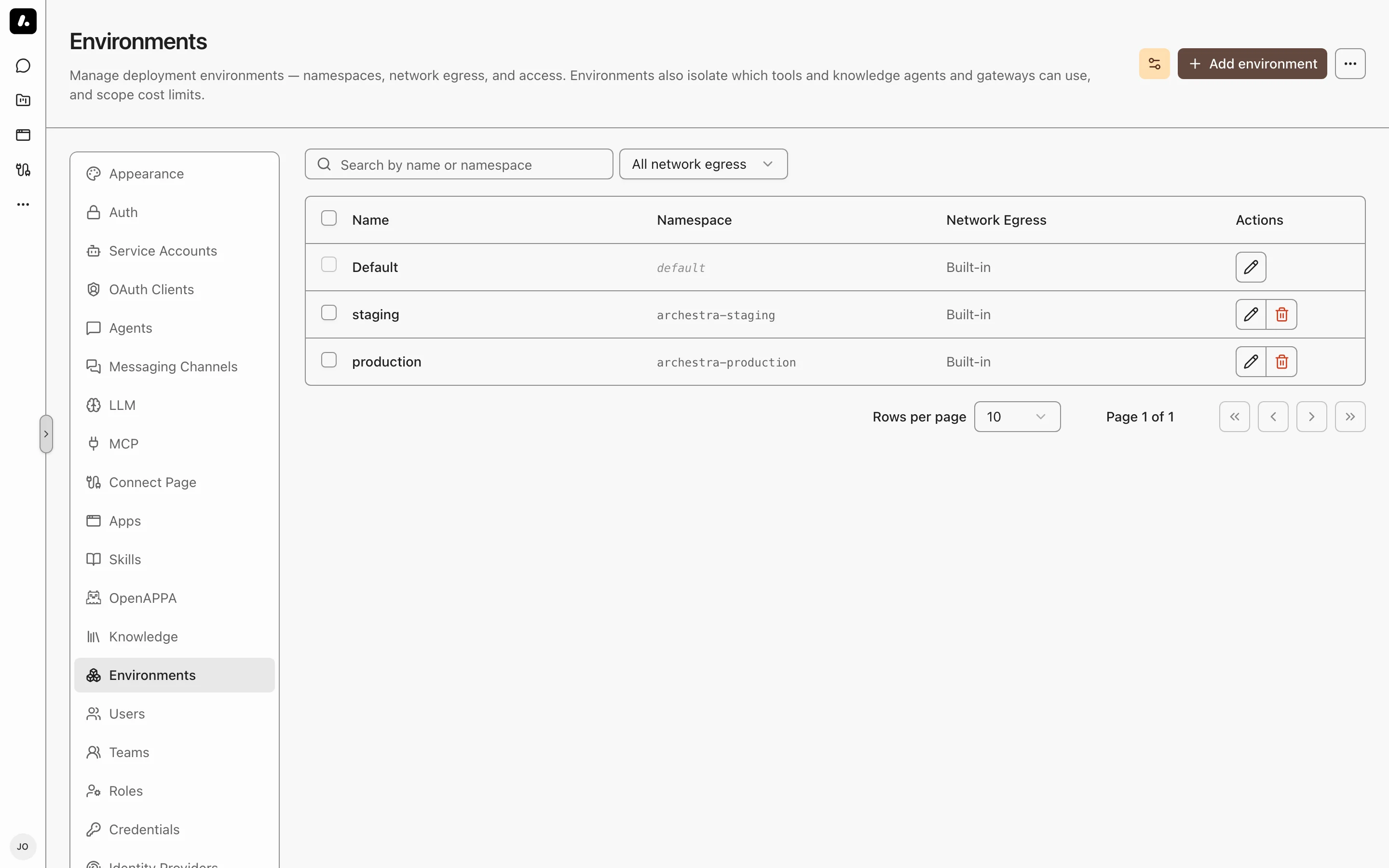 Deployment environments in Settings
