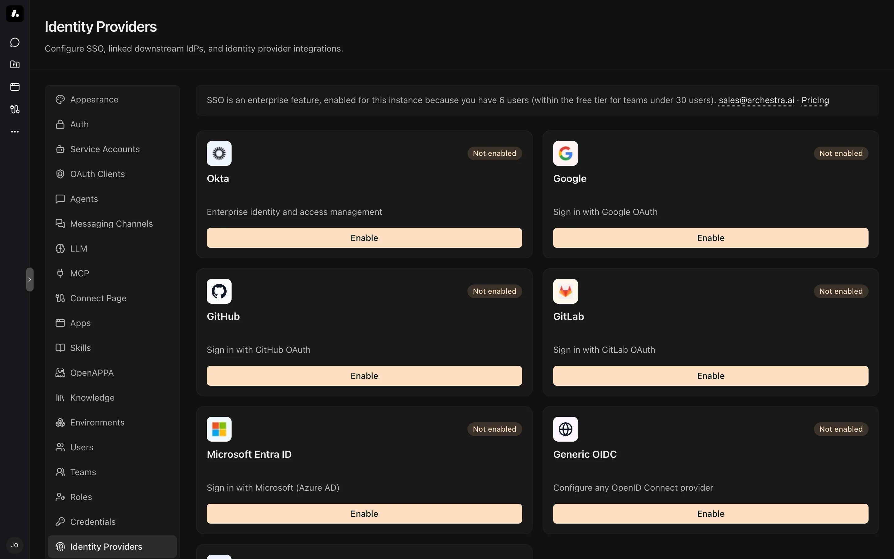 The Identity Providers settings page with a card for each supported provider