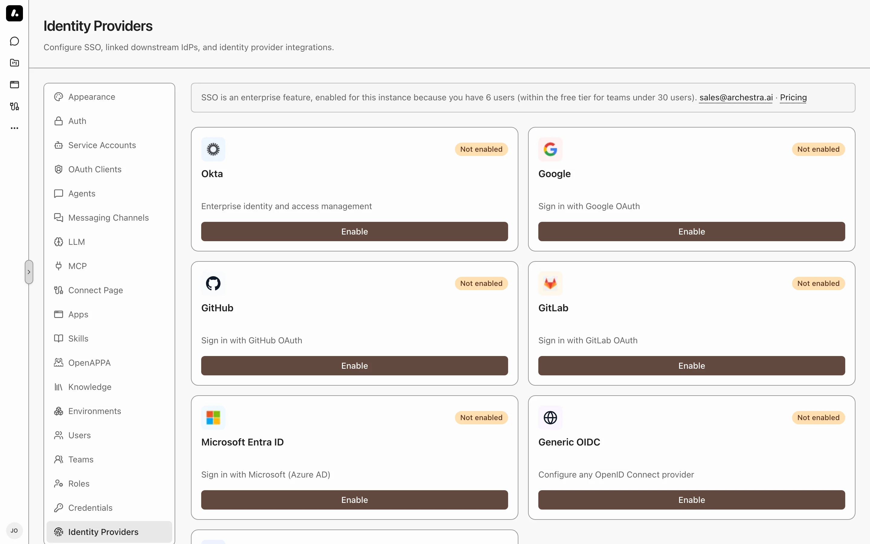The Identity Providers settings page with a card for each supported provider