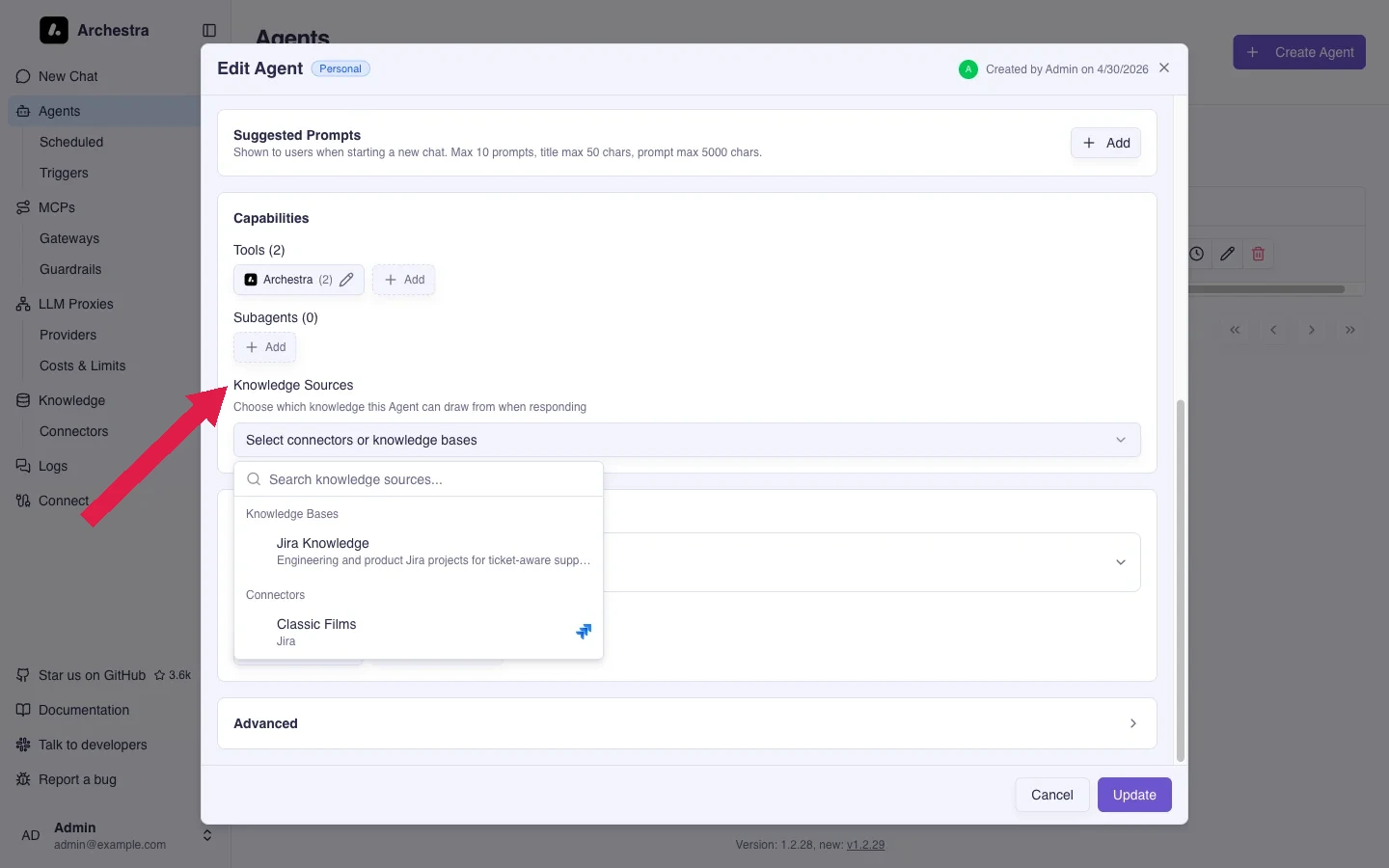 Selecting Knowledge Bases and connectors on an agent
