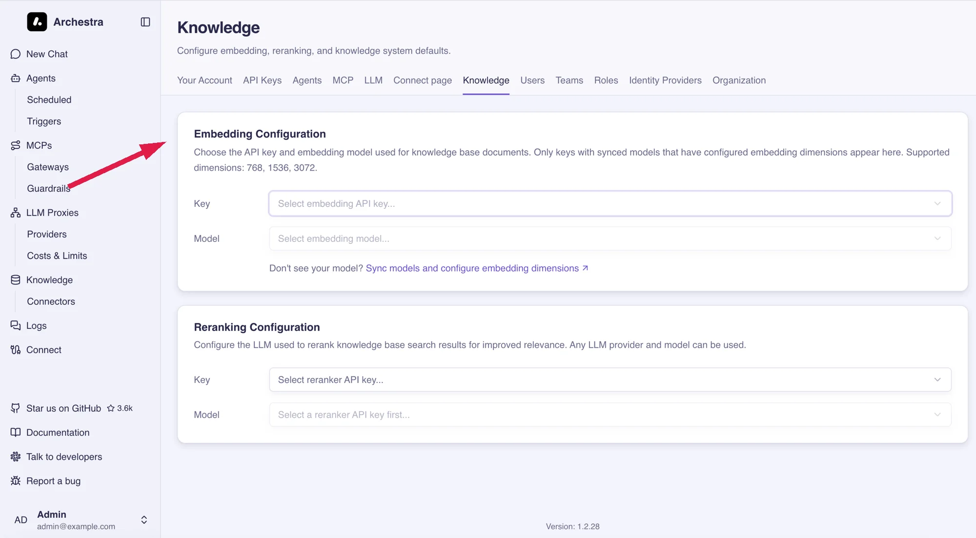 Embedding Configuration card in Settings > Knowledge