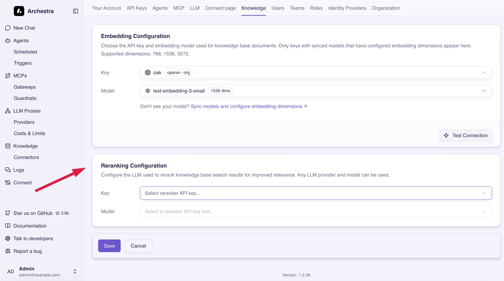 Reranking Configuration card in Settings > Knowledge