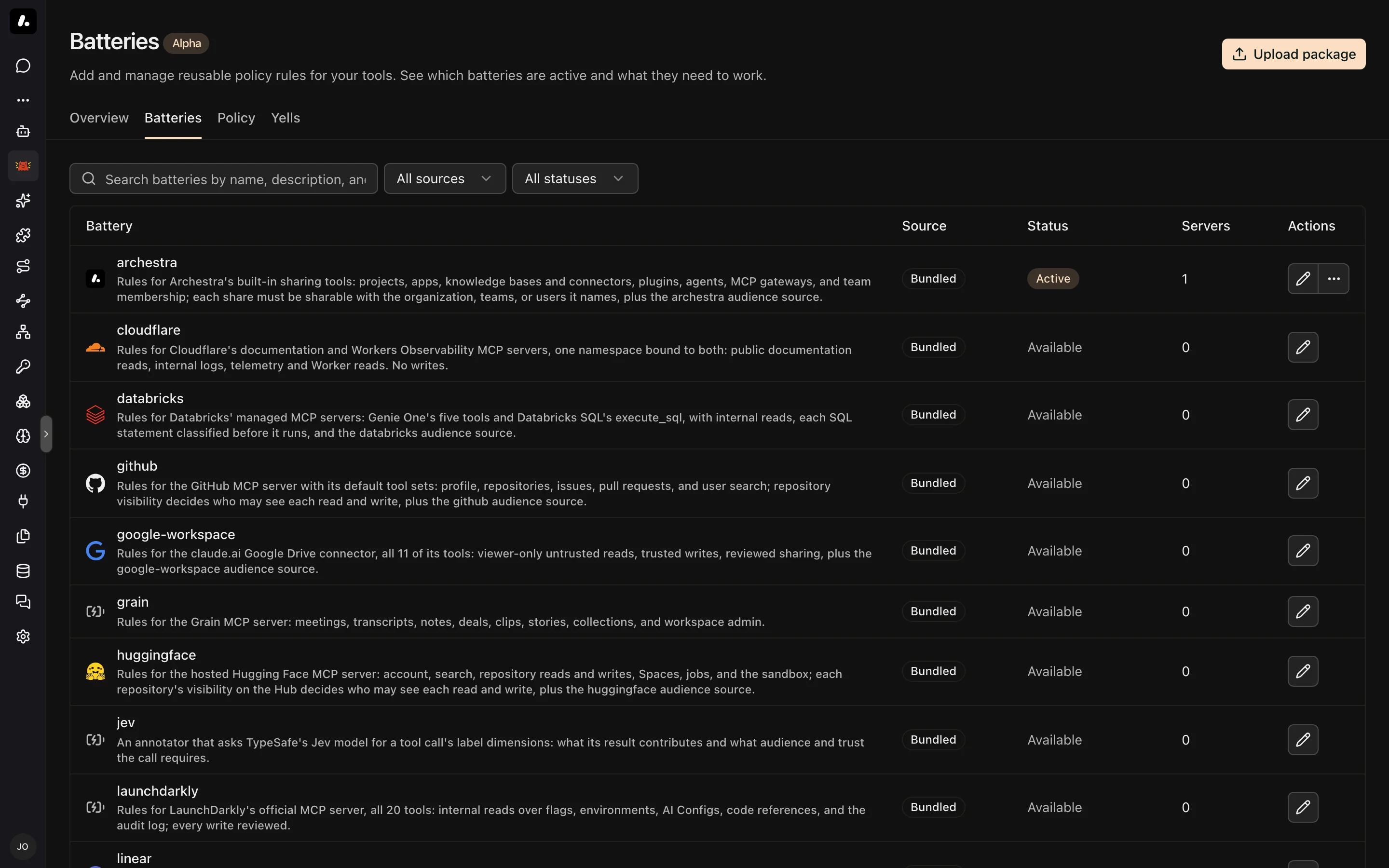 The Batteries tab listing bundled batteries with their source, status, and servers