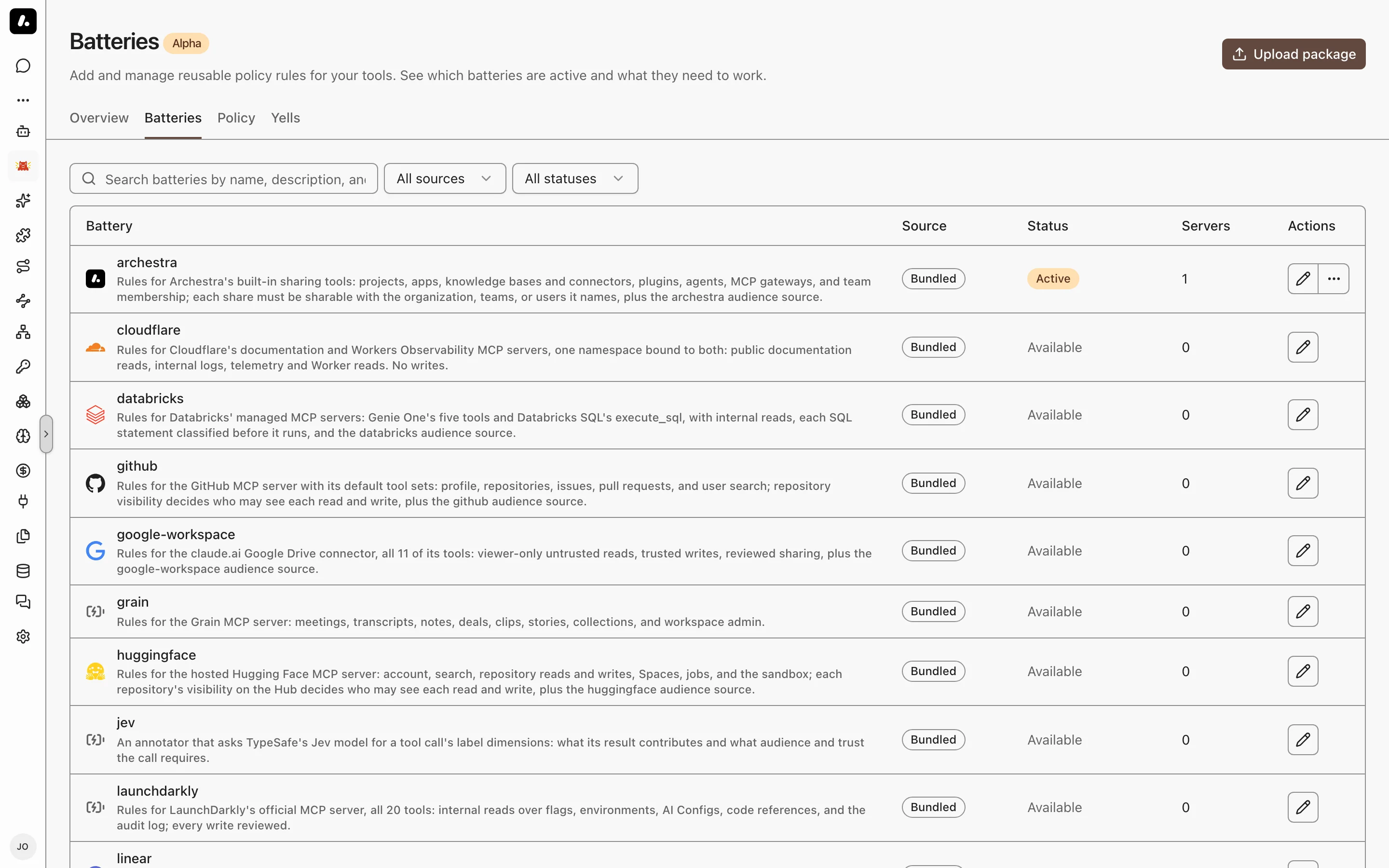 The Batteries tab listing bundled batteries with their source, status, and servers