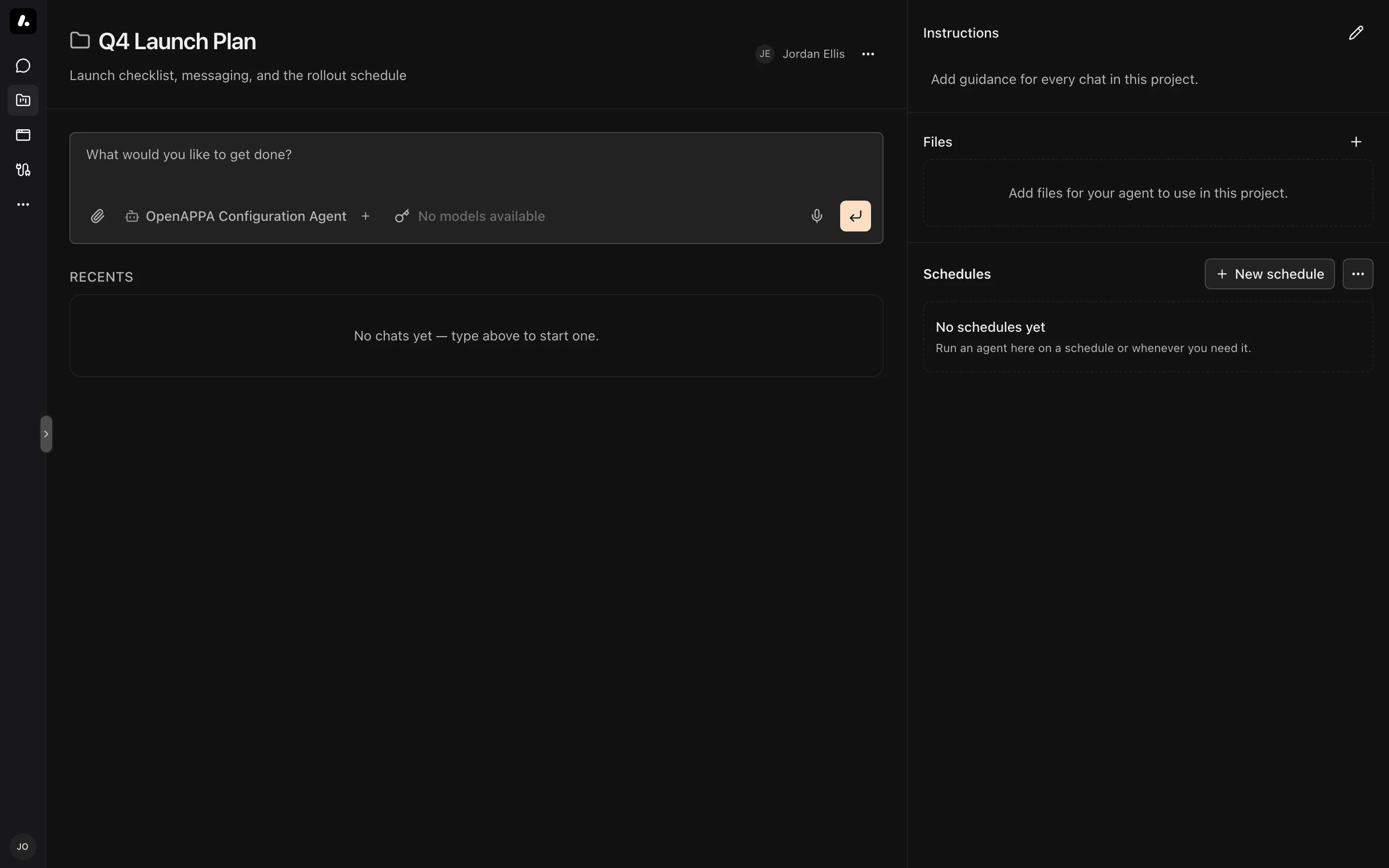 A project with its chat composer, files panel, and schedules