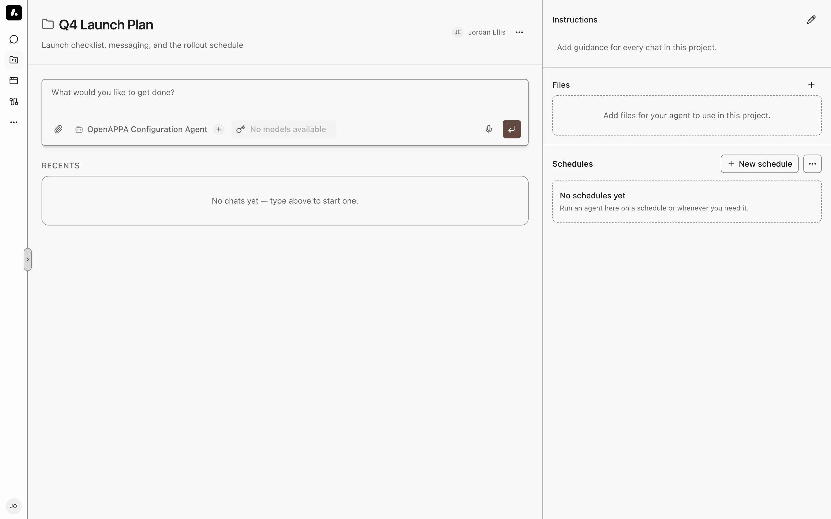 A project with its chat composer, files panel, and schedules