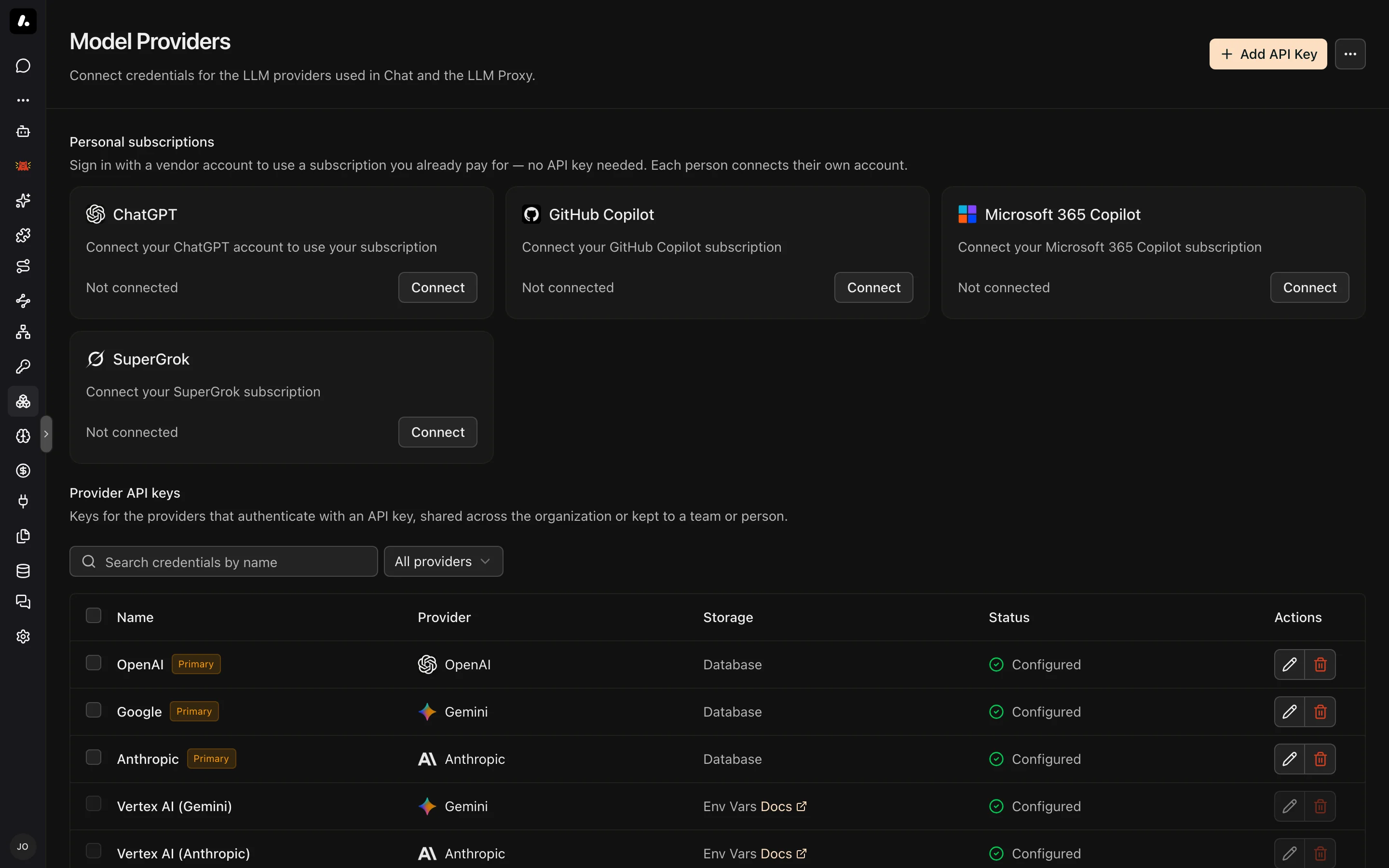 The Model Providers page, with personal subscription cards above the provider API keys table