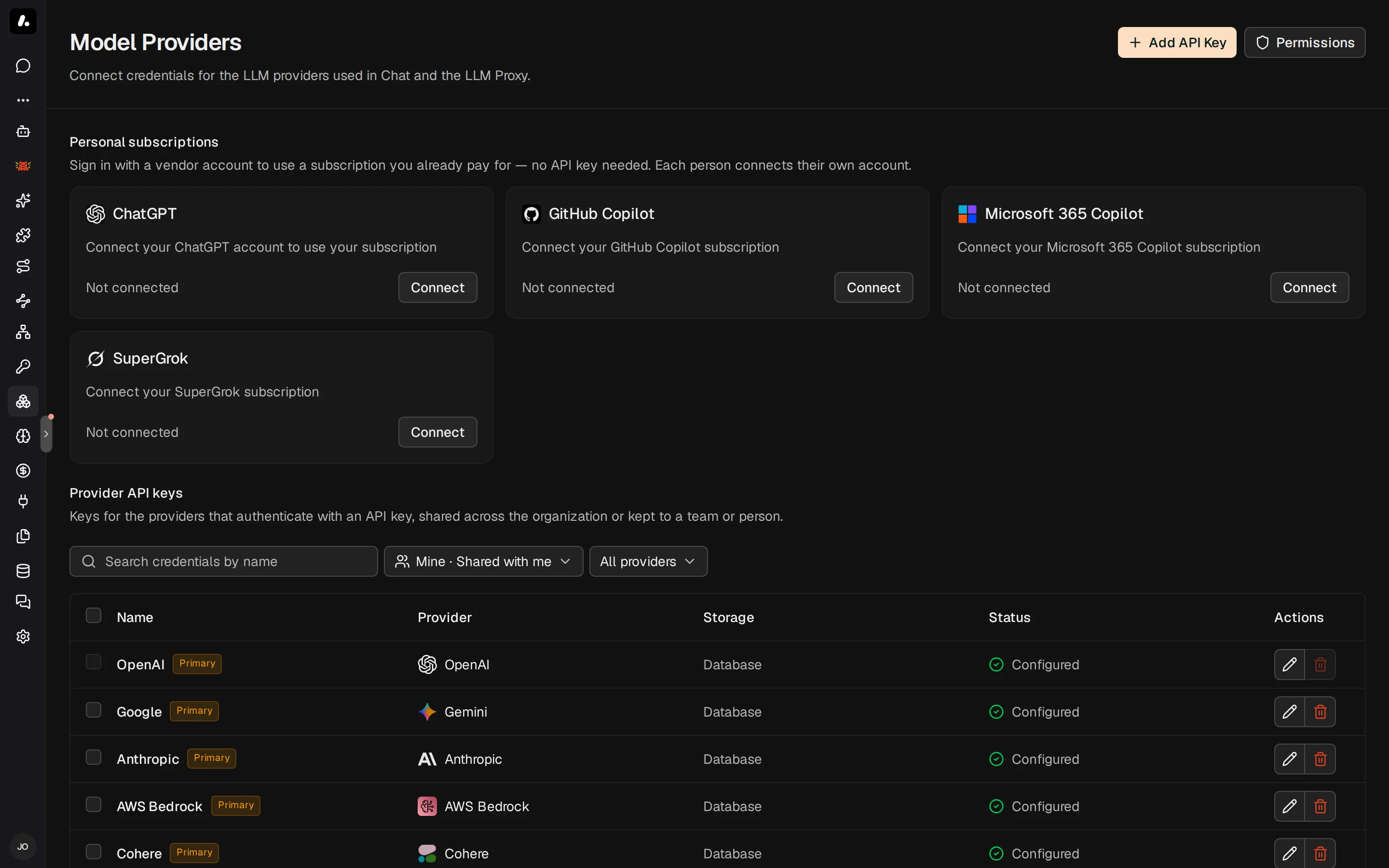 The Model Providers page, with personal subscription cards above the provider API keys table