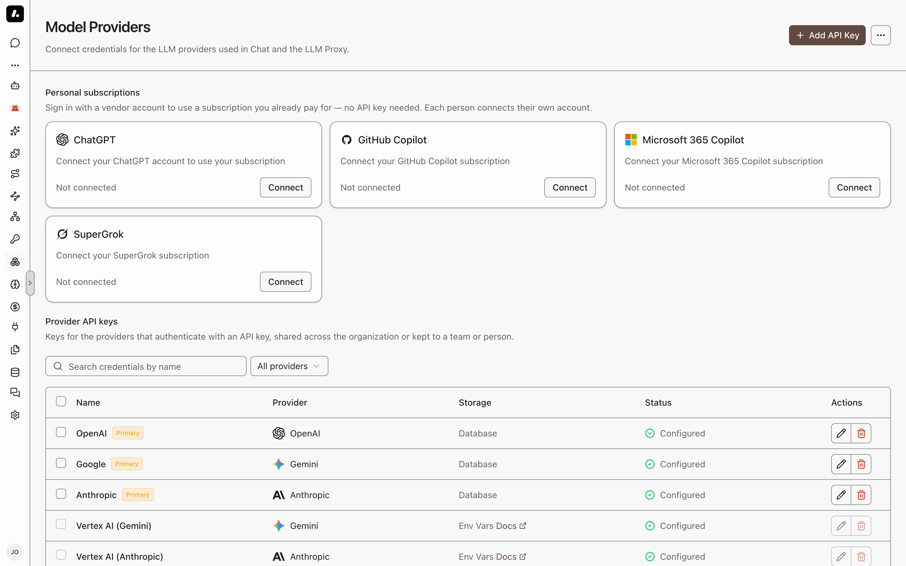 The Model Providers page, with personal subscription cards above the provider API keys table