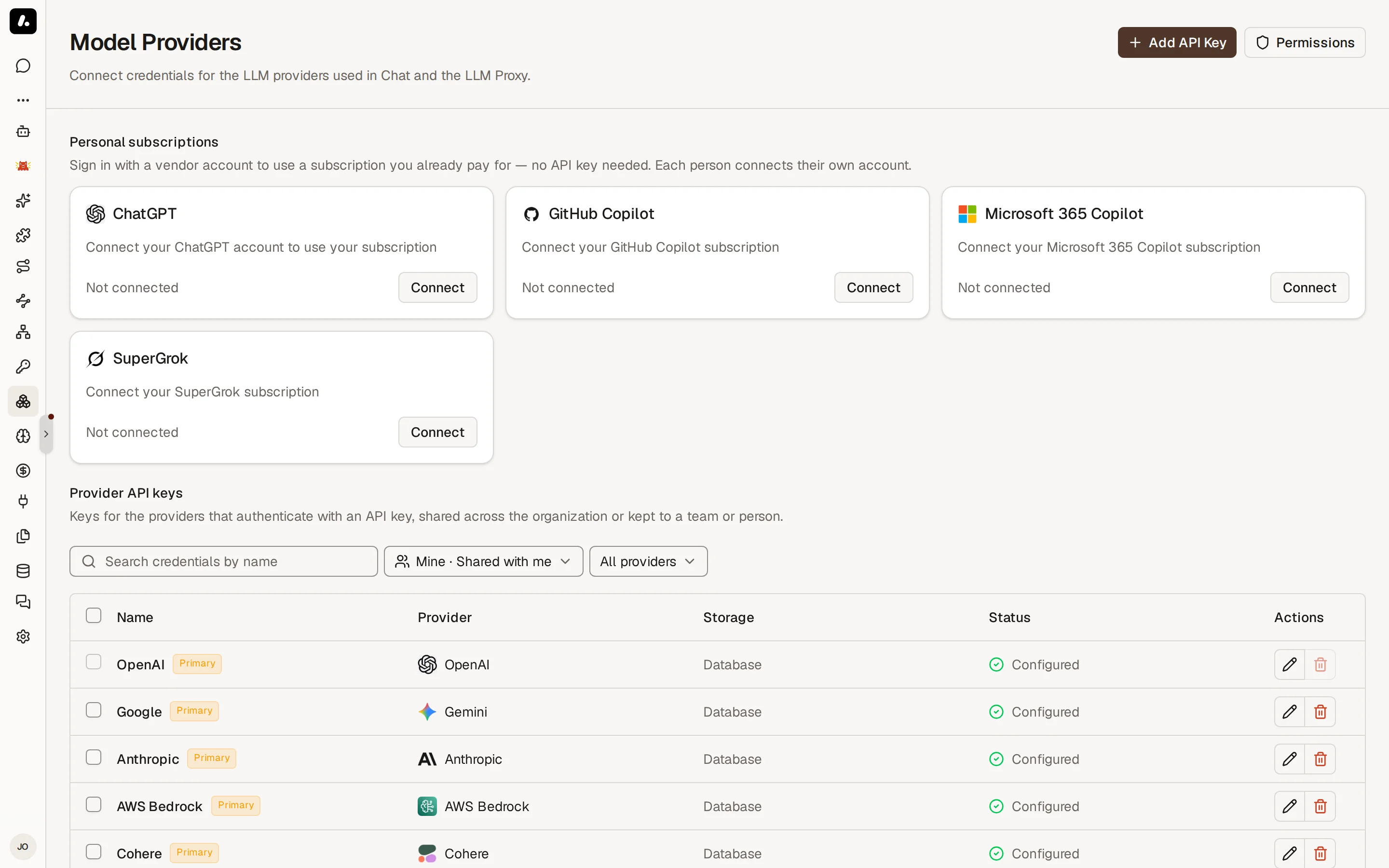 The Model Providers page, with personal subscription cards above the provider API keys table
